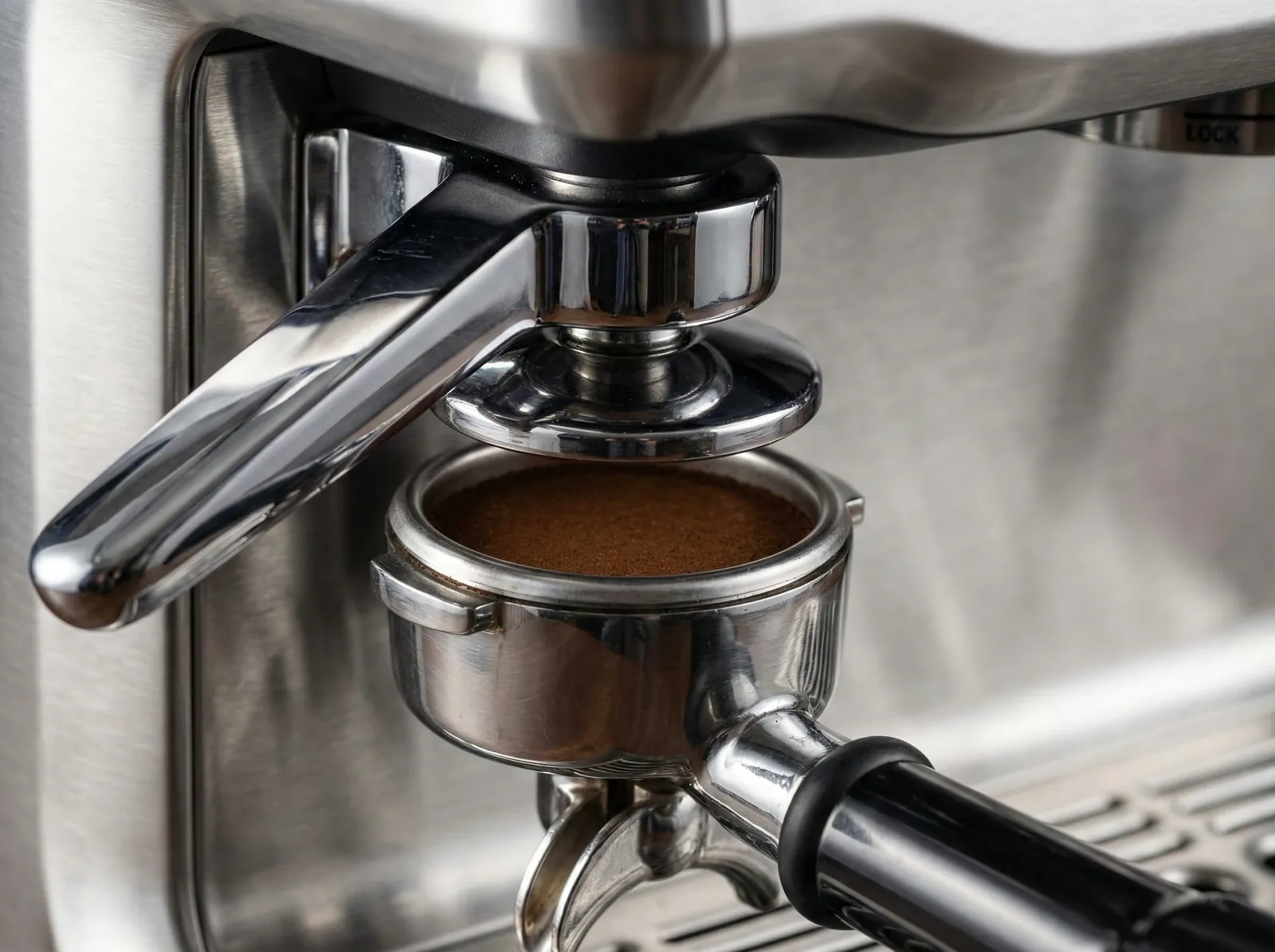 Breville Barista Express Impress assisted tamping mechanism and dosing system shown in close detail