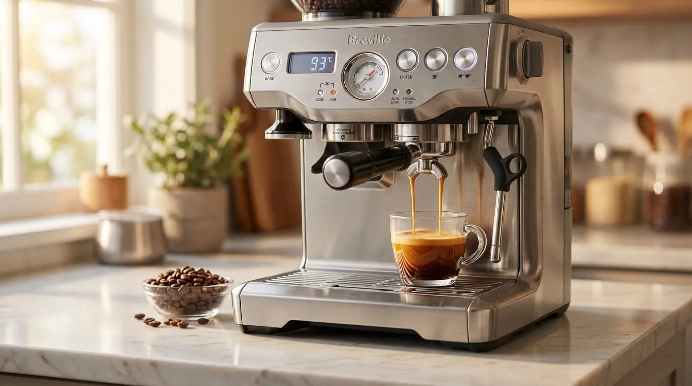 Breville Barista Express Impress extracting espresso with a steady stream of crema into a cup