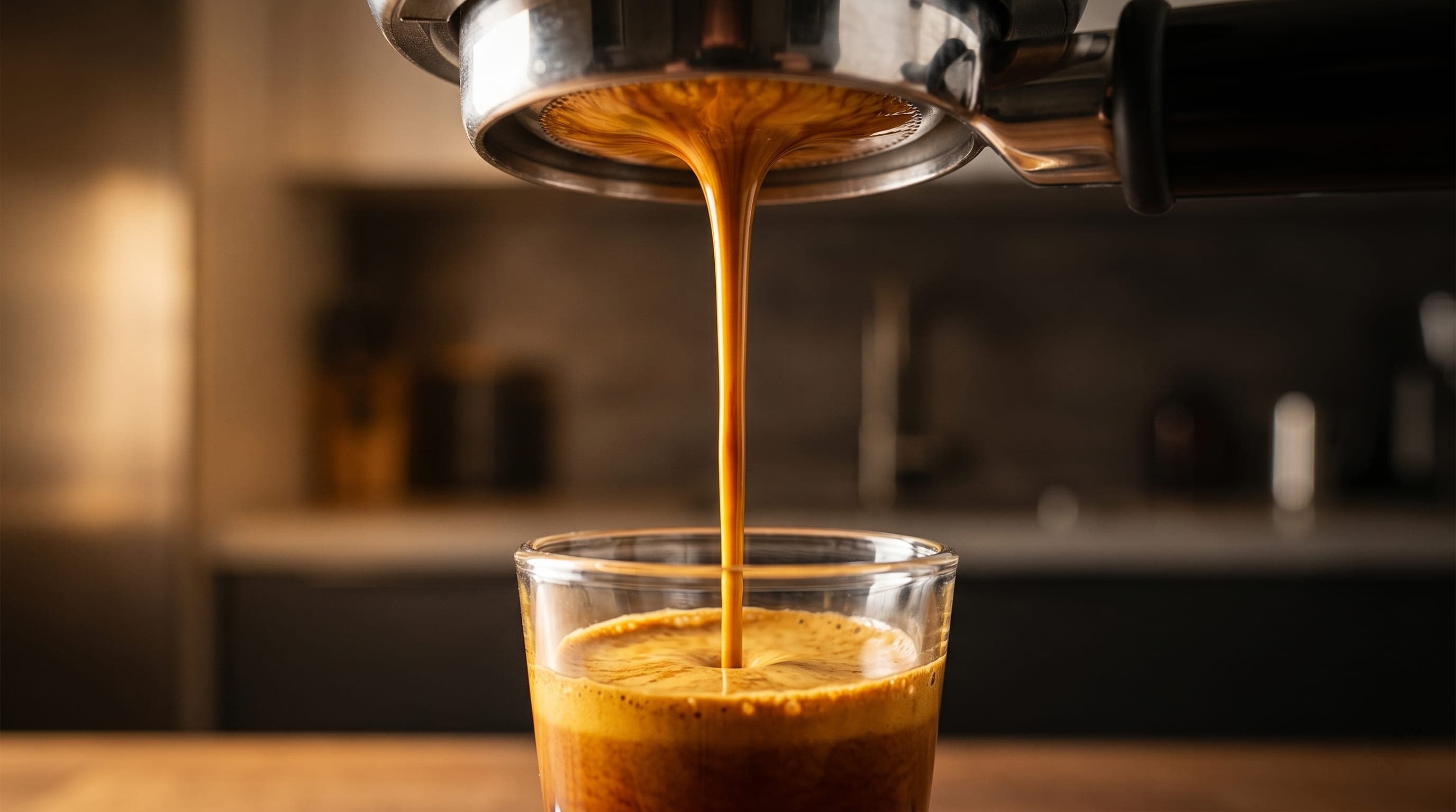 Breville Barista Pro espresso extraction showing golden crema flow from 54mm portafilter with ThermoJet temperature stability