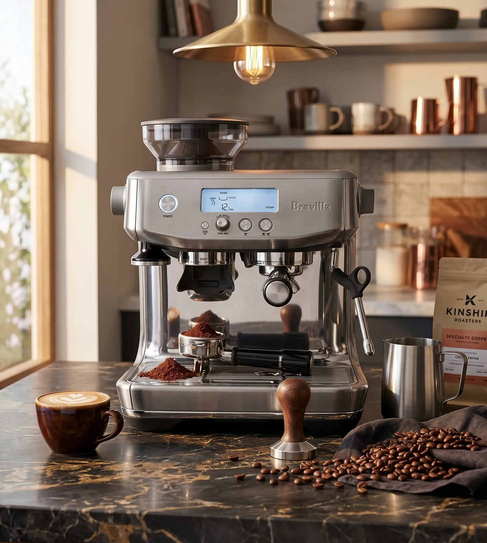 Breville Barista Pro on a kitchen counter as part of a home coffee station with its onboard screen