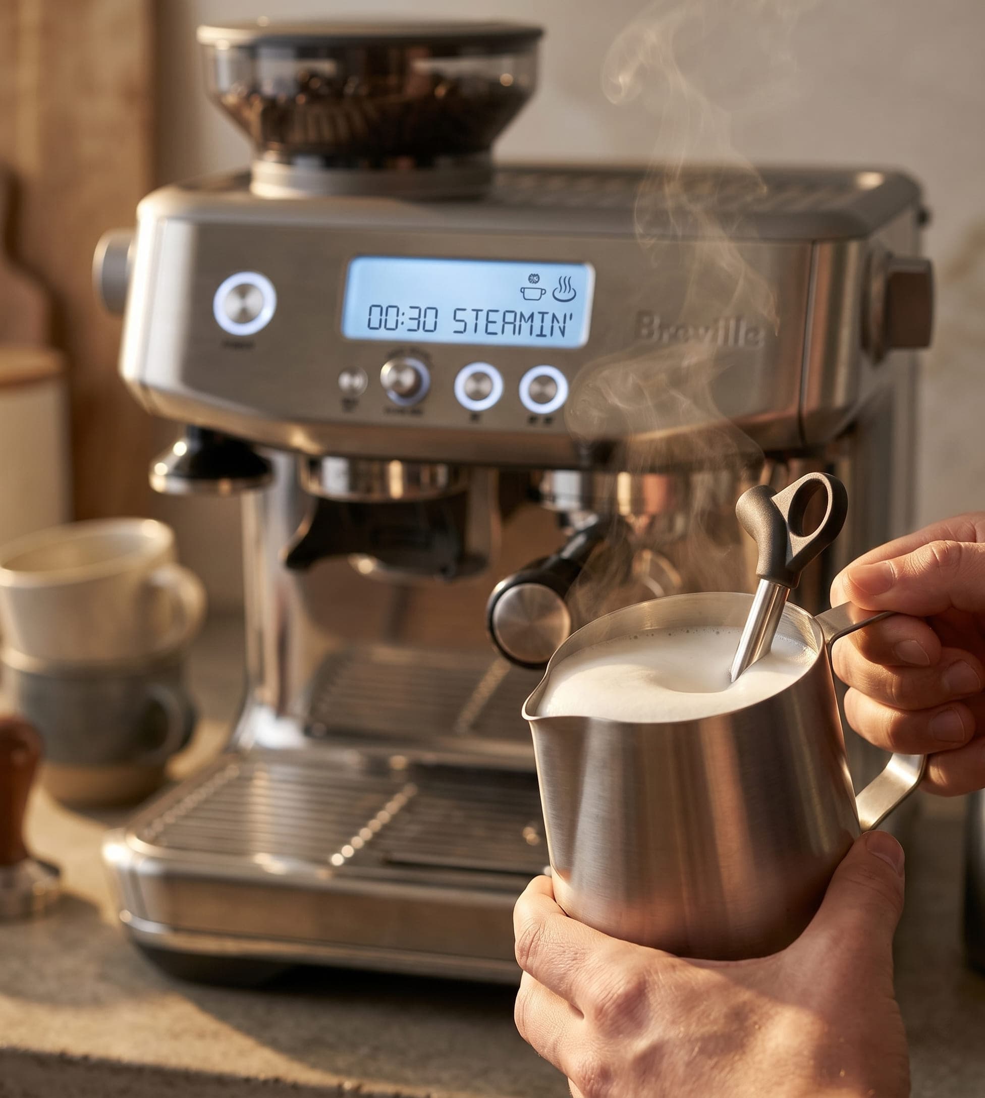 Breville Barista Pro manual steam wand texturing whole milk for latte art with 360-degree swivel positioning