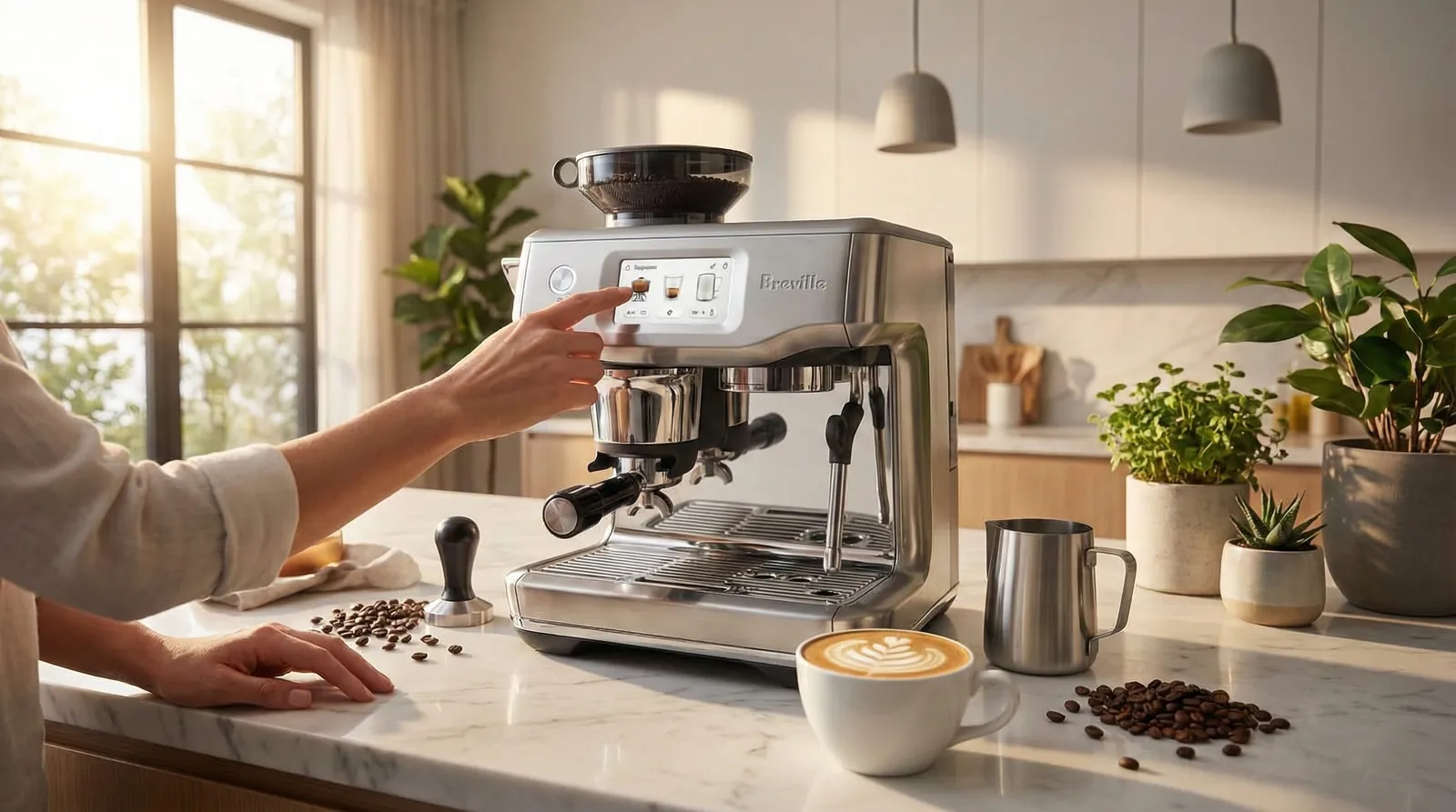 Breville Barista Touch Impress on a home kitchen counter with its built-in grinder visible