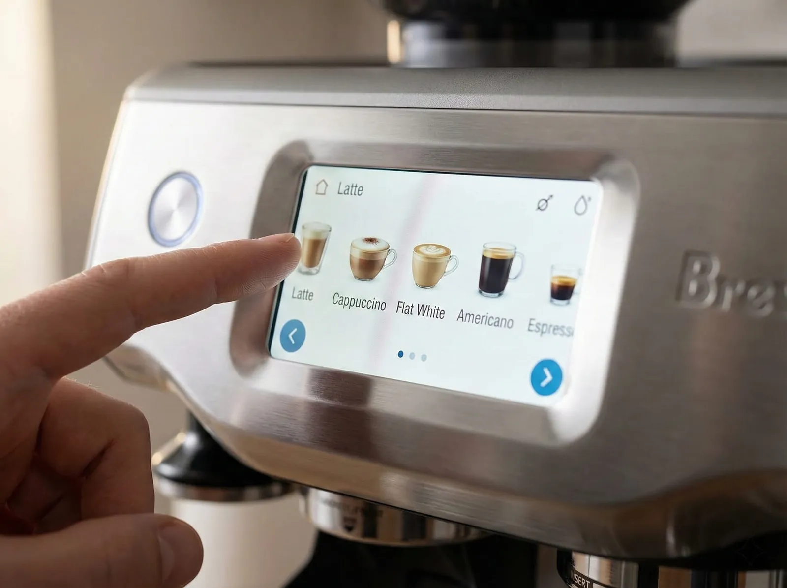 Breville Barista Touch Impress color touchscreen showing programmable drink selections