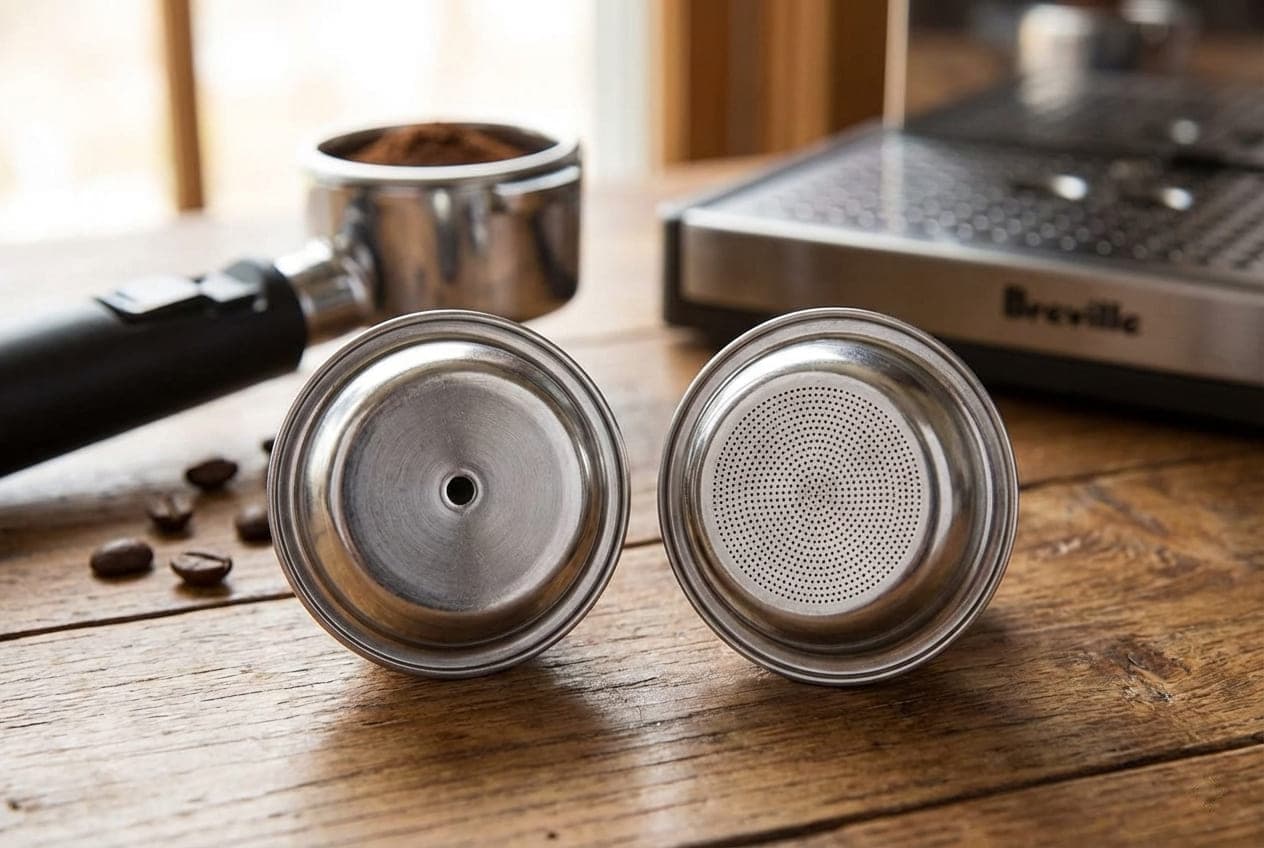 Breville ESP8XL pressurized filter baskets beginner espresso training 50mm portafilter vs Stilosa EC260