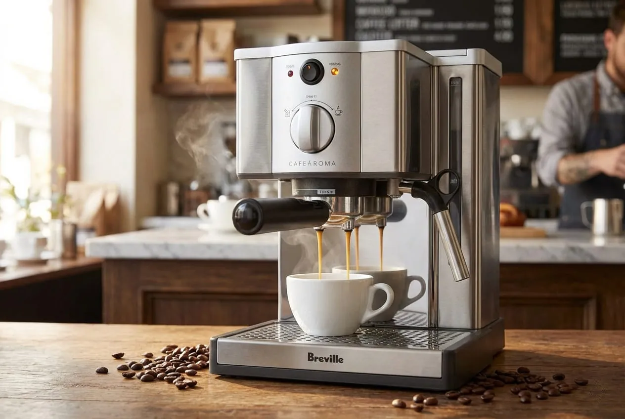 Breville ESP8XL Cafe Roma brewing an espresso shot into a cup with crema on top