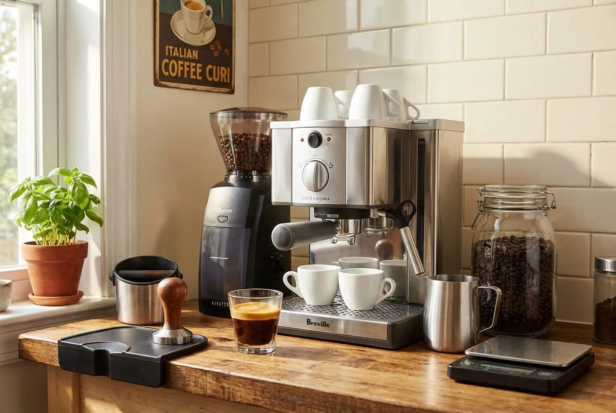 Breville ESP8XL Cafe Roma as part of a complete home coffee station on a kitchen counter