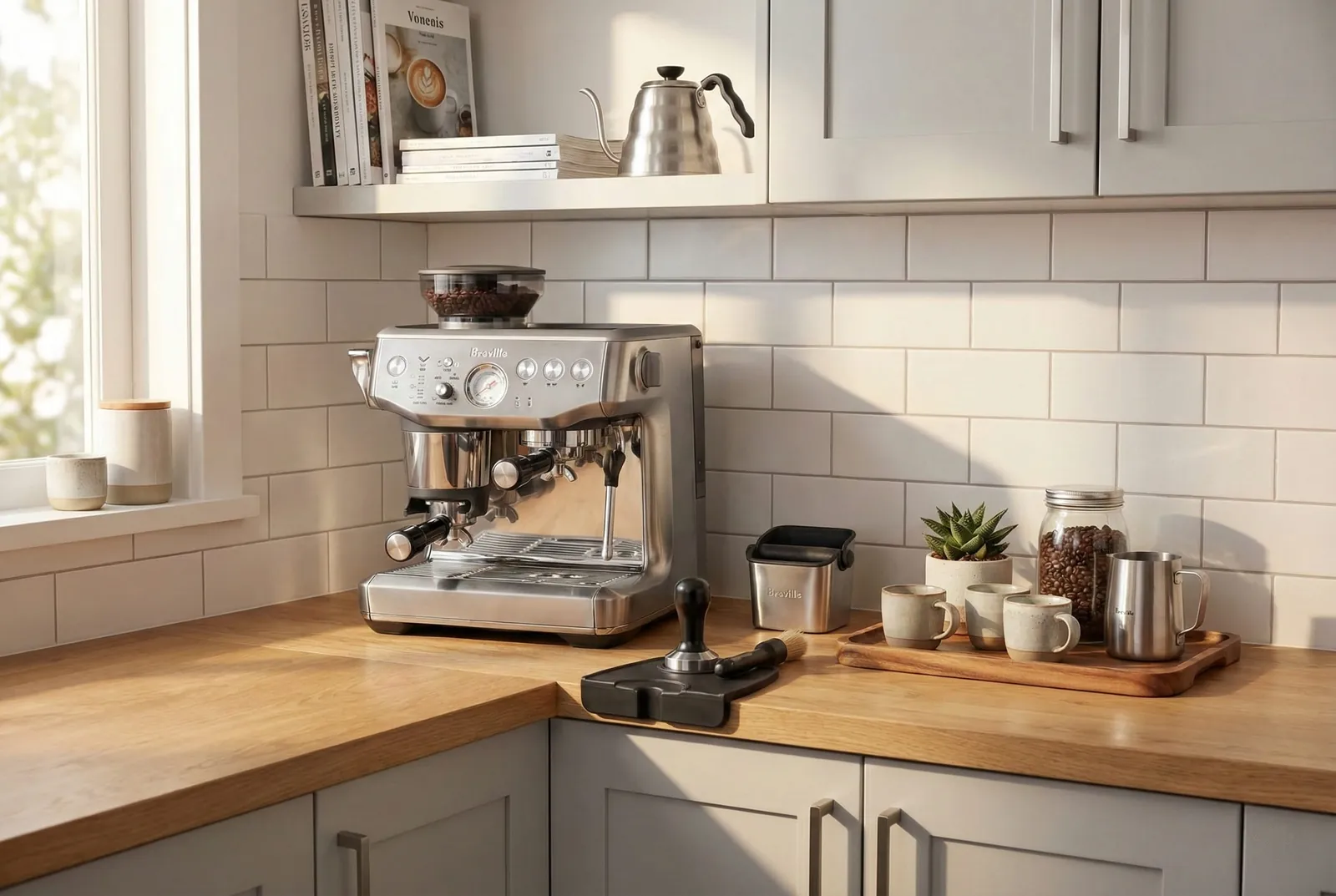 Breville Barista Express Impress set up as a home coffee station with cups and accessories nearby