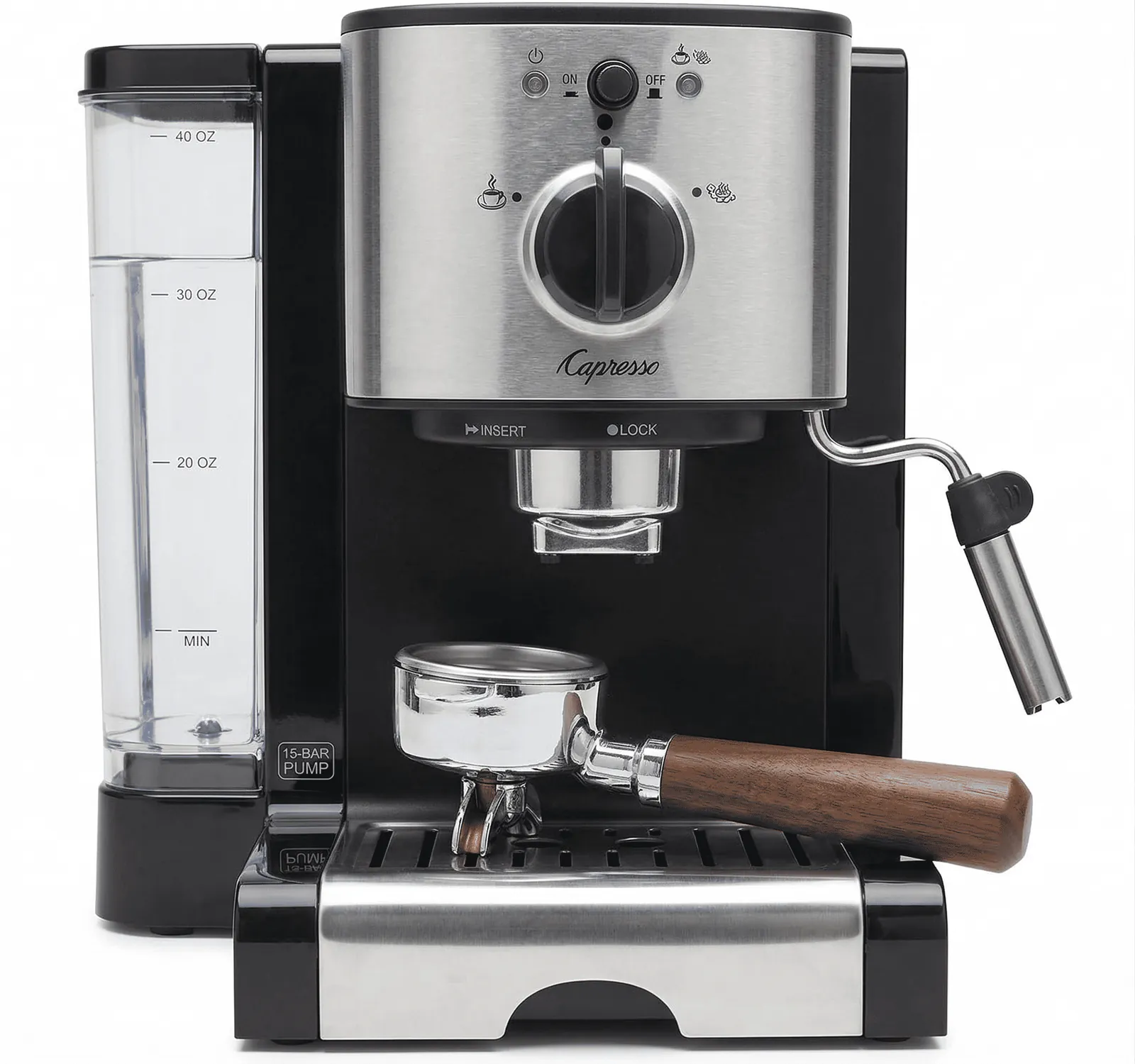 Capresso EC100 pump espresso machine with stainless steel accents, front view on a counter