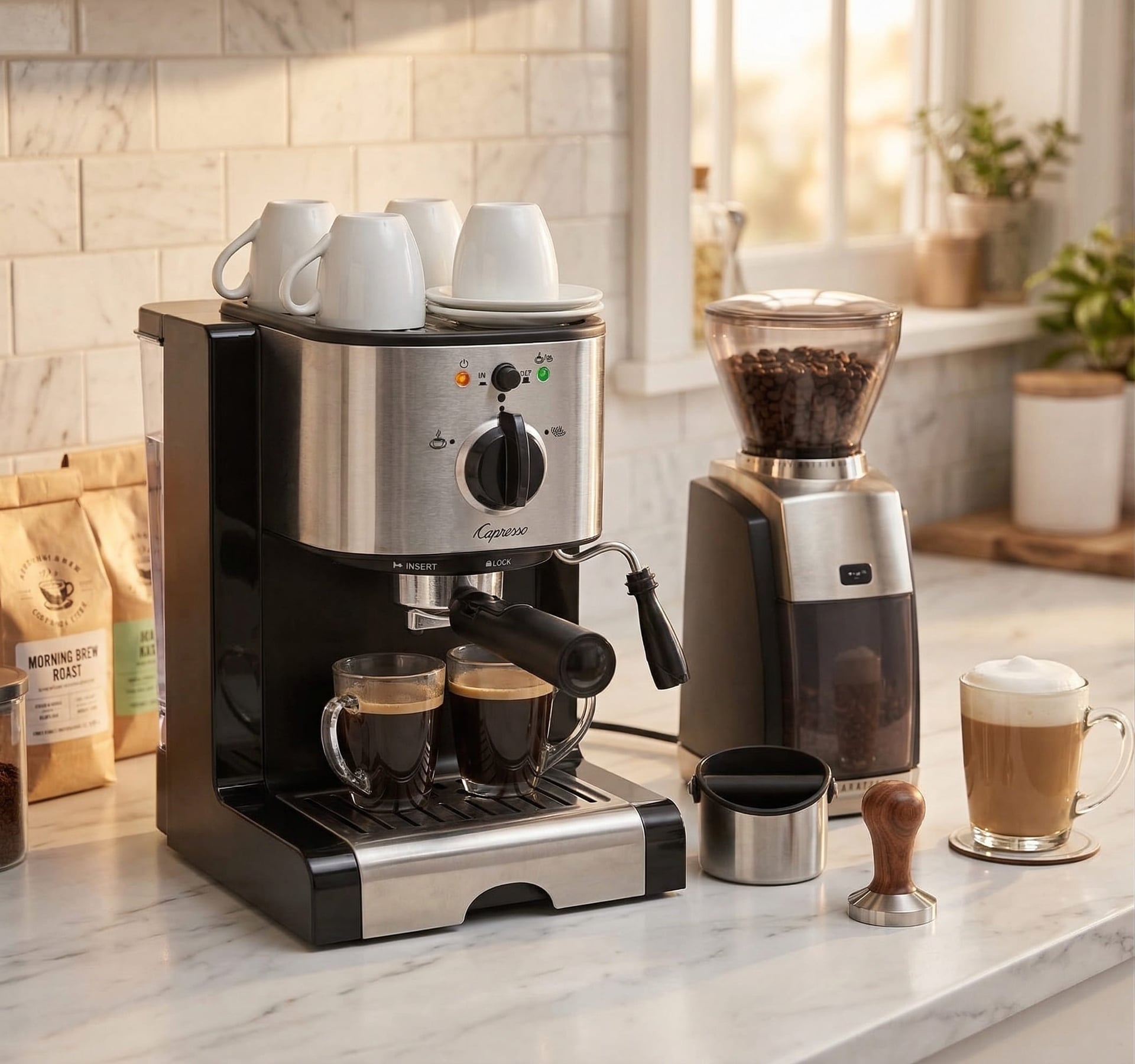 Capresso EC100 complete home espresso setup on kitchen counter — mid range espresso machine capresso espresso maker home barista station