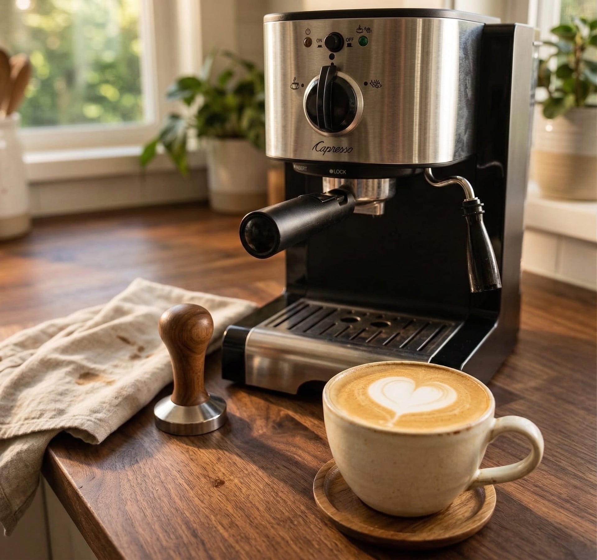 Finished latte with foam art beside Capresso EC100 — capresso ec100 twin frother frothing result cappuccino latte microfoam