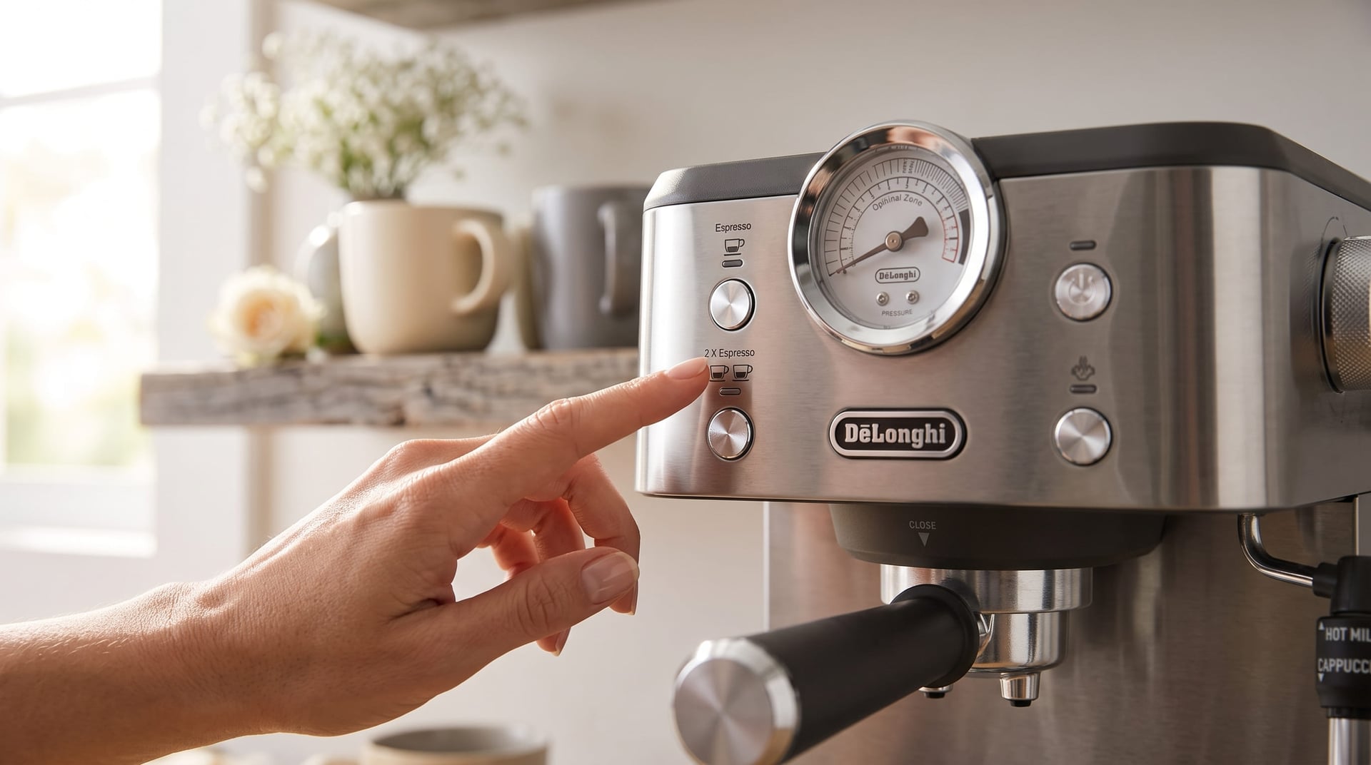 De'Longhi Classic Signature Espresso Machine Adjustable Milk Frother front panel controls portafilter group head stainless steel design