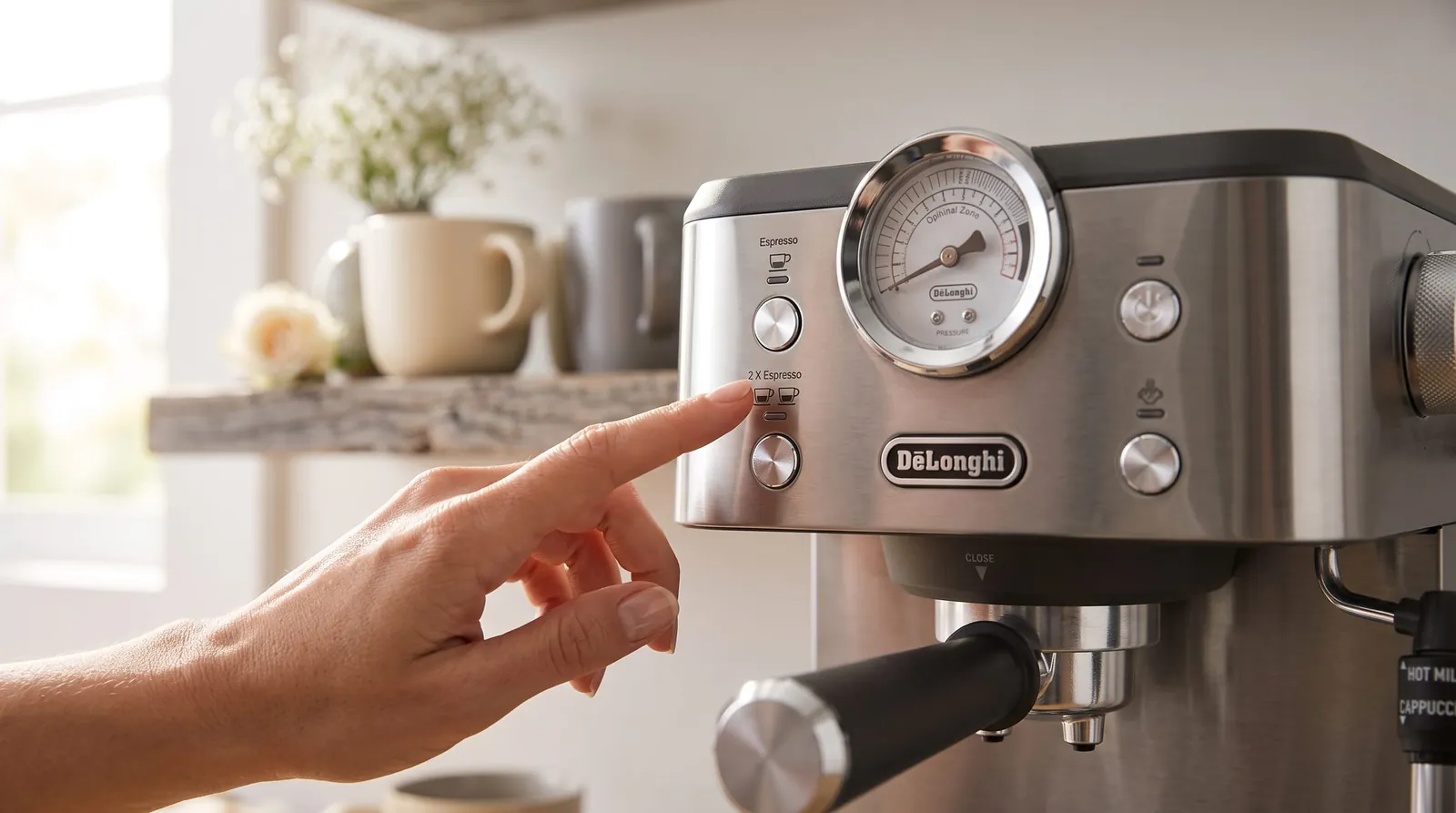 De'Longhi Classic Signature front panel controls and portafilter seated in the group head