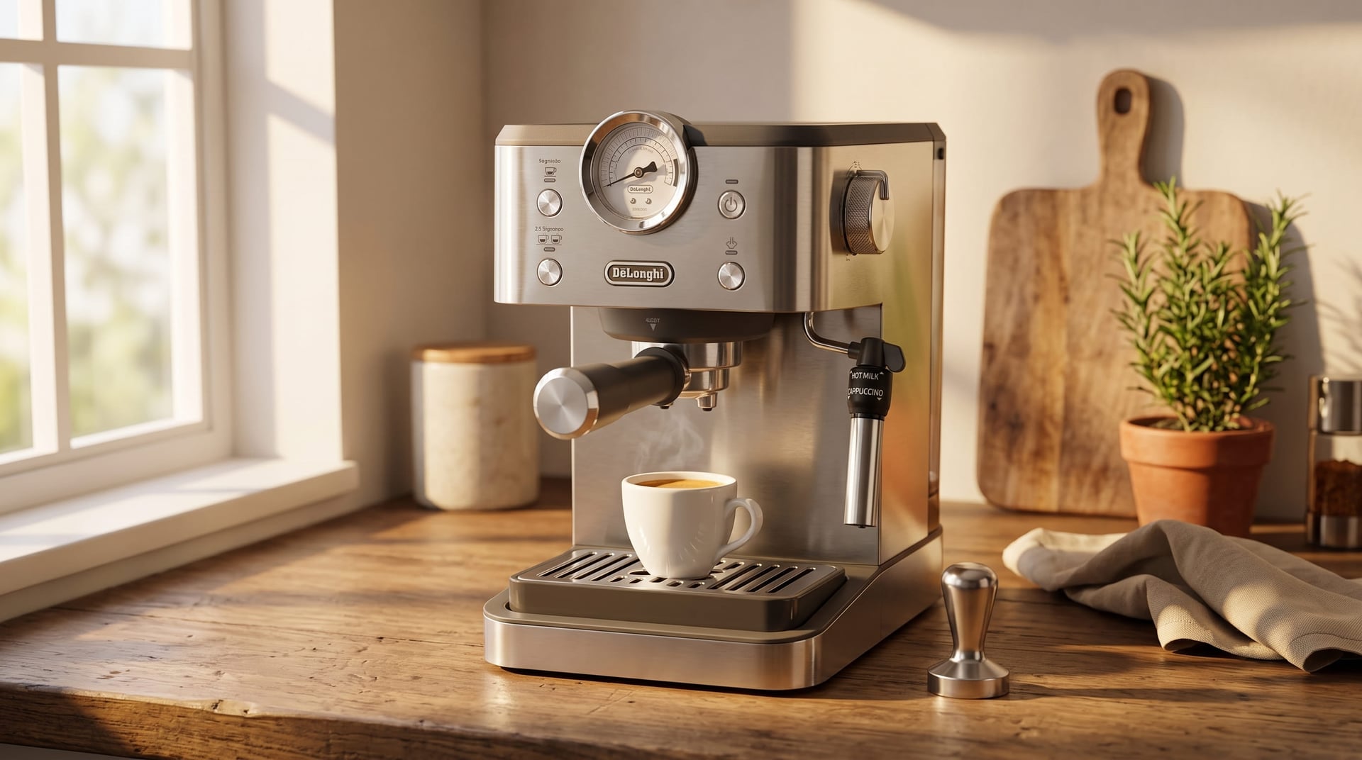 De'Longhi Classic Signature Espresso Machine, Adjustable Milk Frother - Hero background