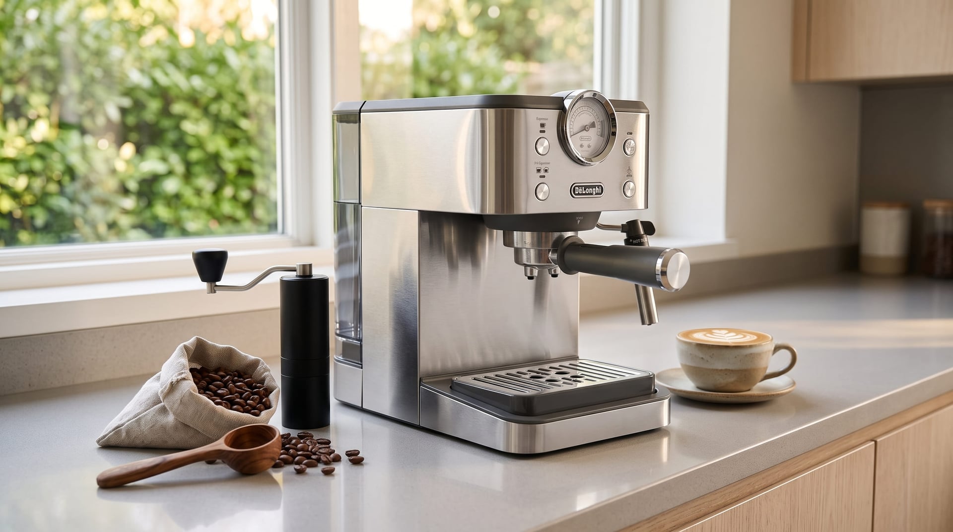 De'Longhi Classic Signature Espresso Machine Adjustable Milk Frother side profile 6.3 inch width stainless steel body countertop