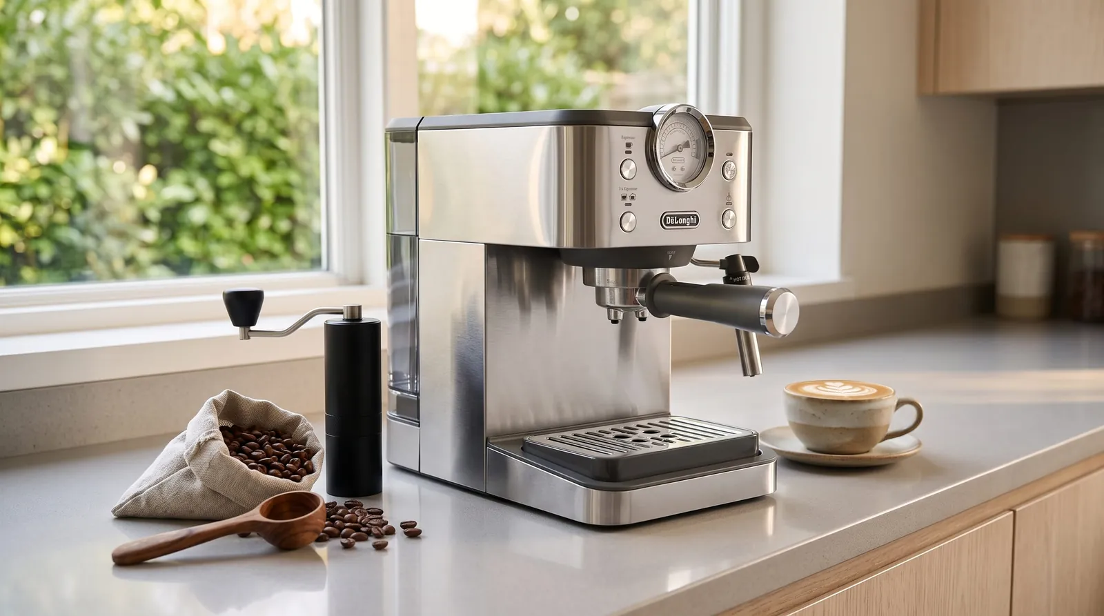 De'Longhi Classic Signature side profile showing its slim stainless steel body