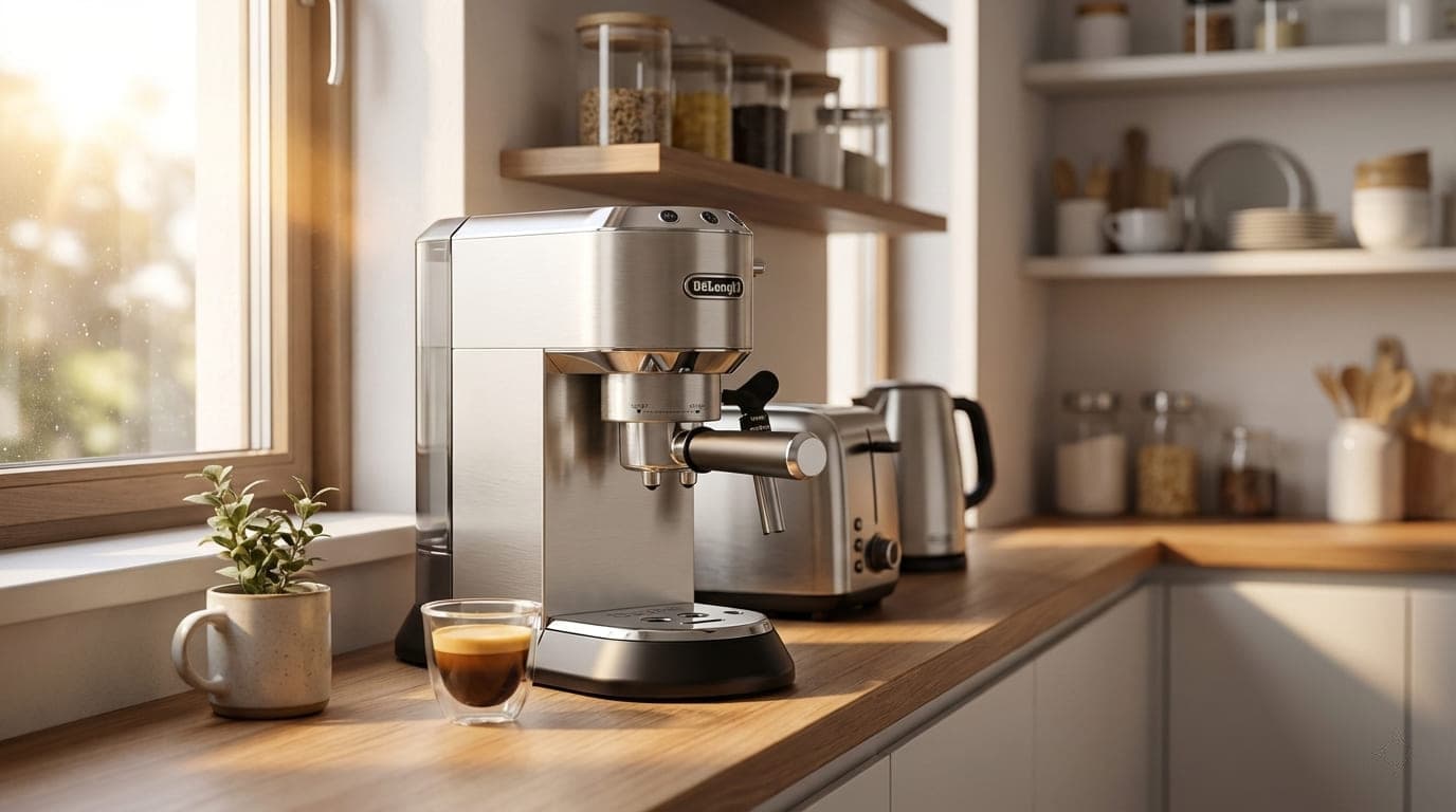 Ultra-compact Dedica EC685 narrow countertop setup small kitchen apartment espresso solution under 6 inches