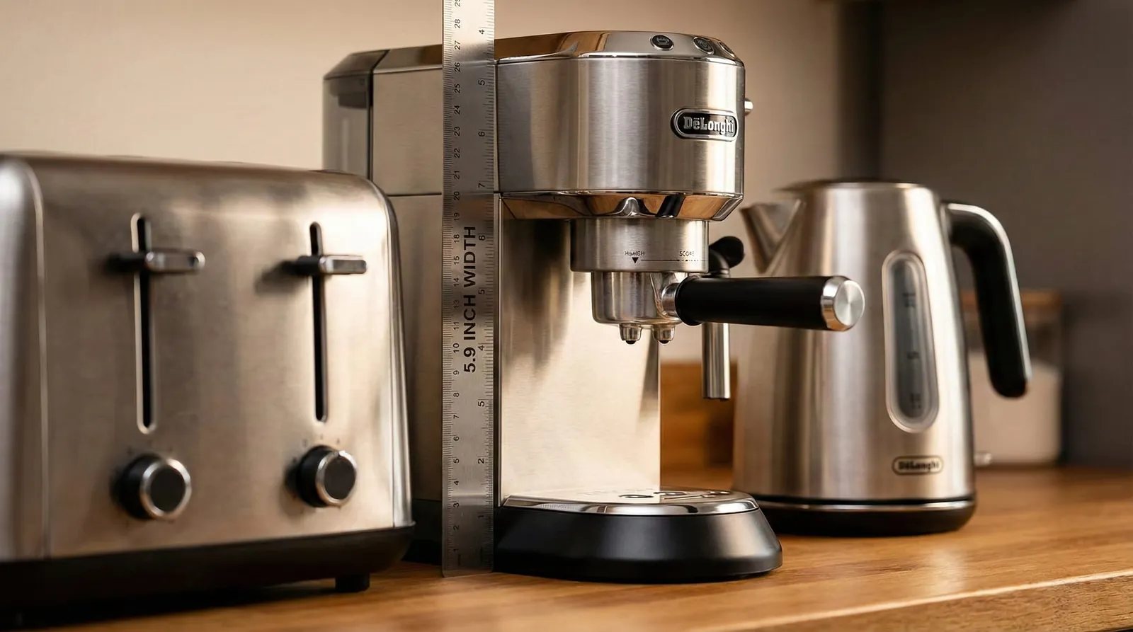 De'Longhi Dedica EC685 narrow side profile showing its space-saving width