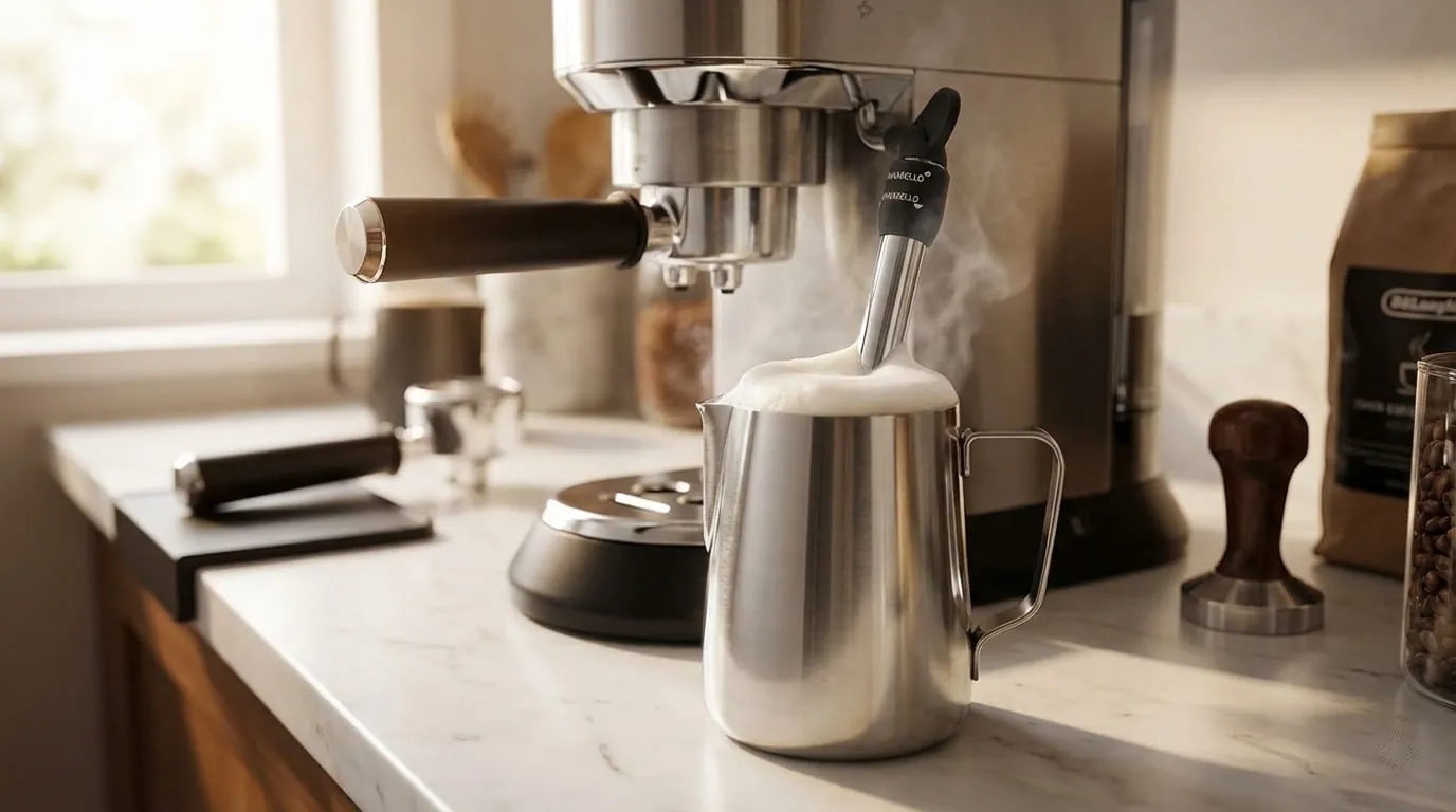 De'Longhi Dedica EC685 panarello steam wand frothing milk in a jug