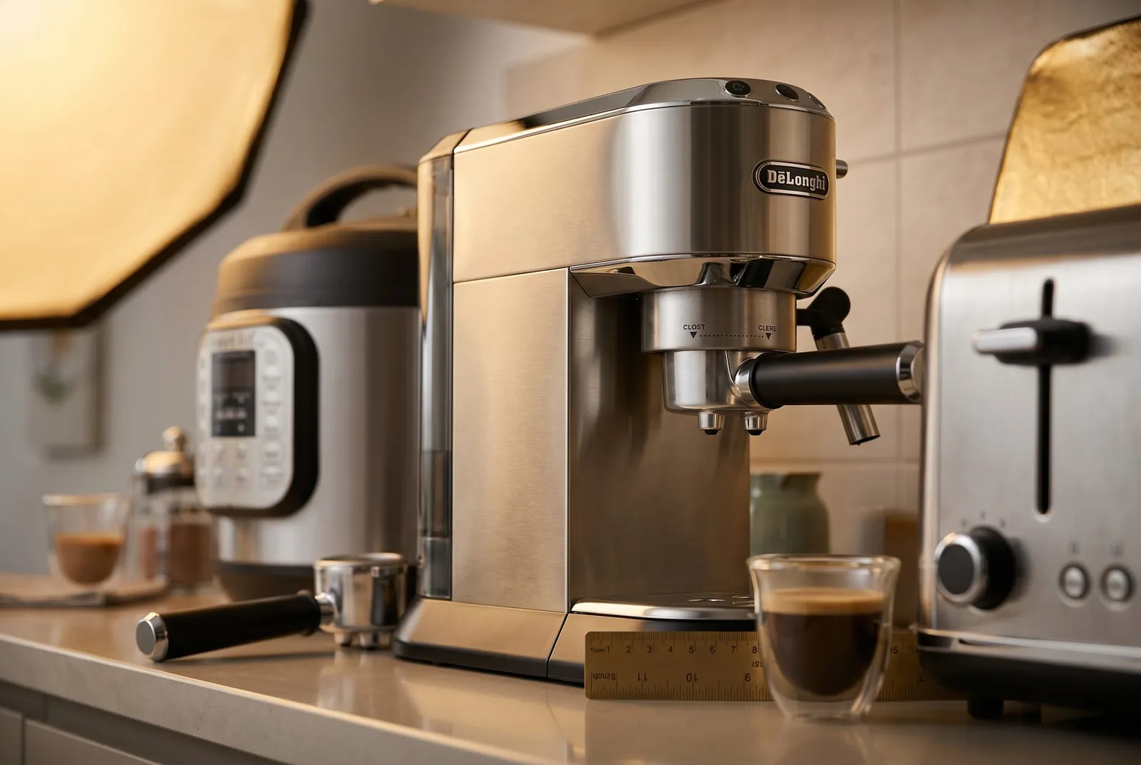 De'Longhi Dedica EC680M narrow side profile standing on a kitchen countertop