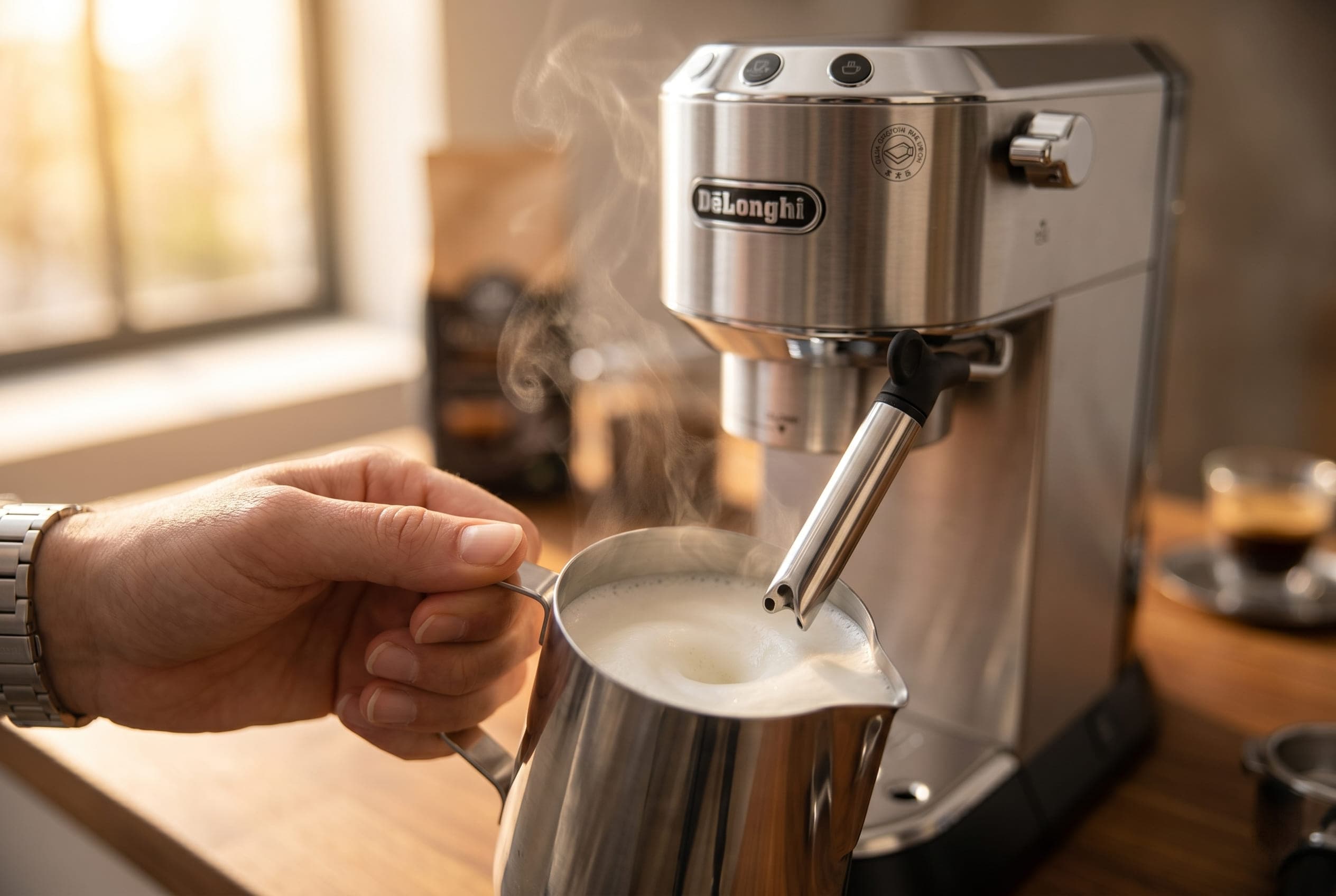 Dedica EC680M manual steam wand two-hole tip frothing milk microfoam latte art compact espresso machine