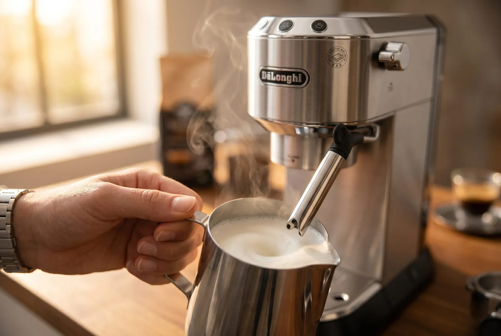 De'Longhi Dedica EC680M manual steam wand frothing milk into microfoam in a small pitcher
