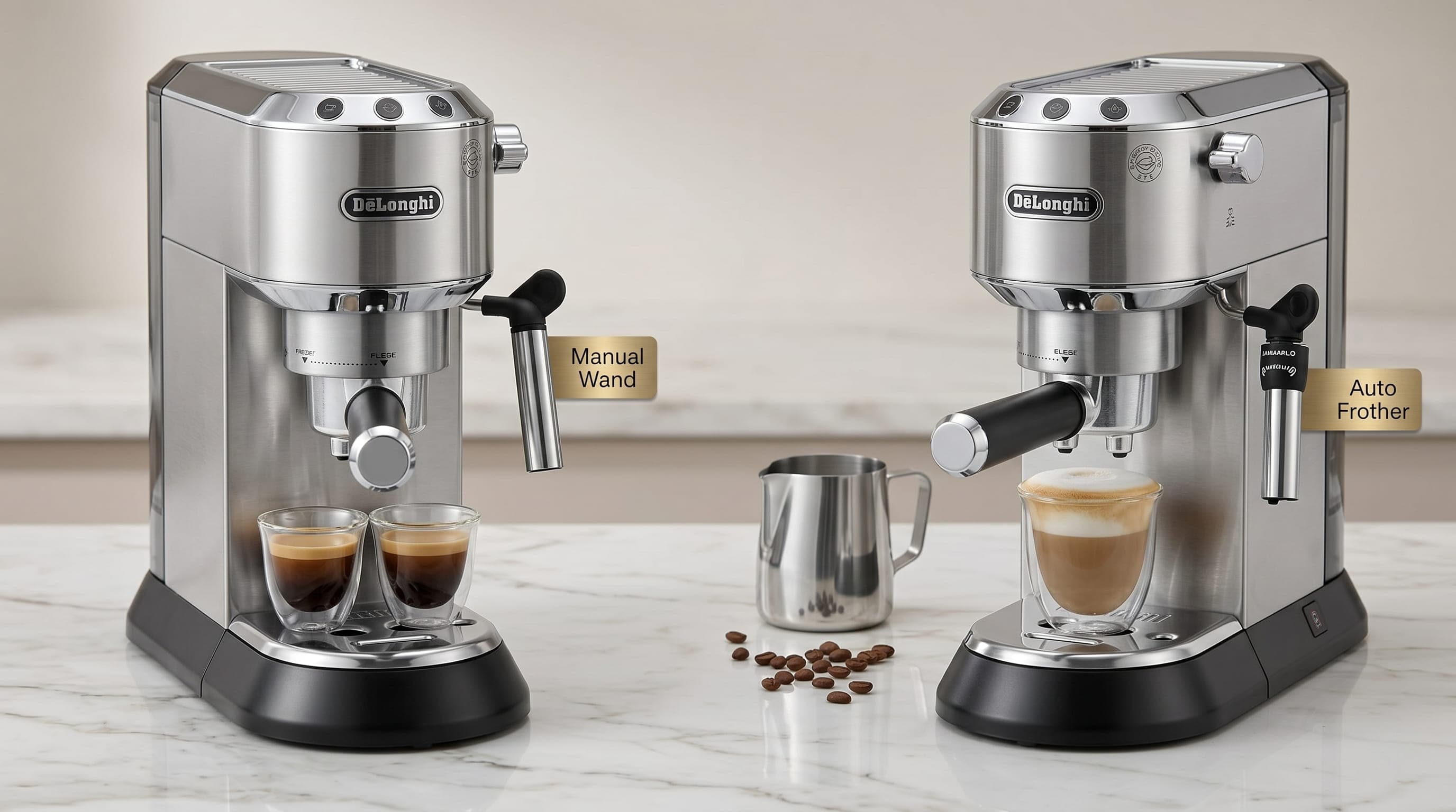 De'Longhi Dedica EC680M vs EC685 comparison manual steam wand vs panarello auto frother side by side