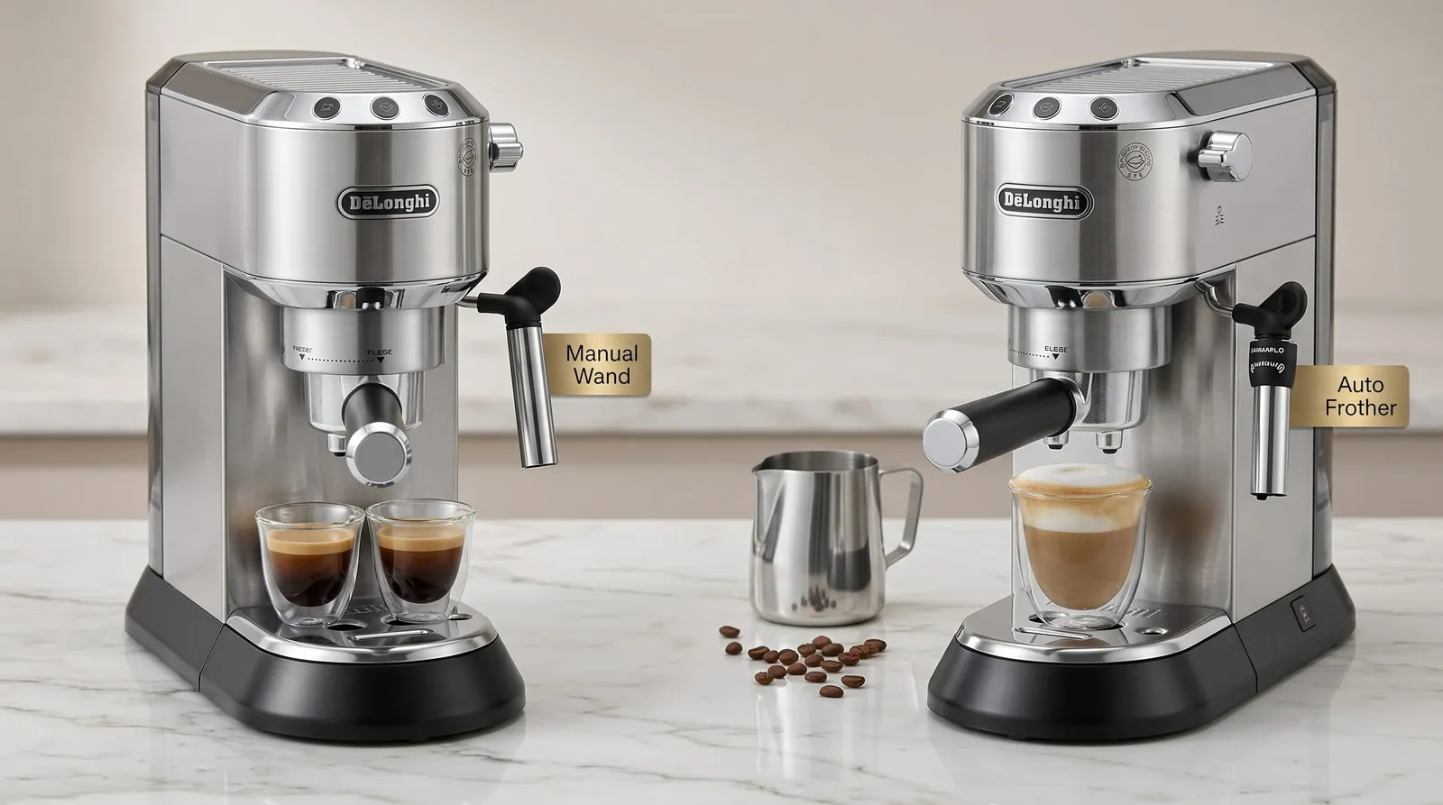 De'Longhi Dedica EC680M placed next to the EC685 to compare steam wand designs