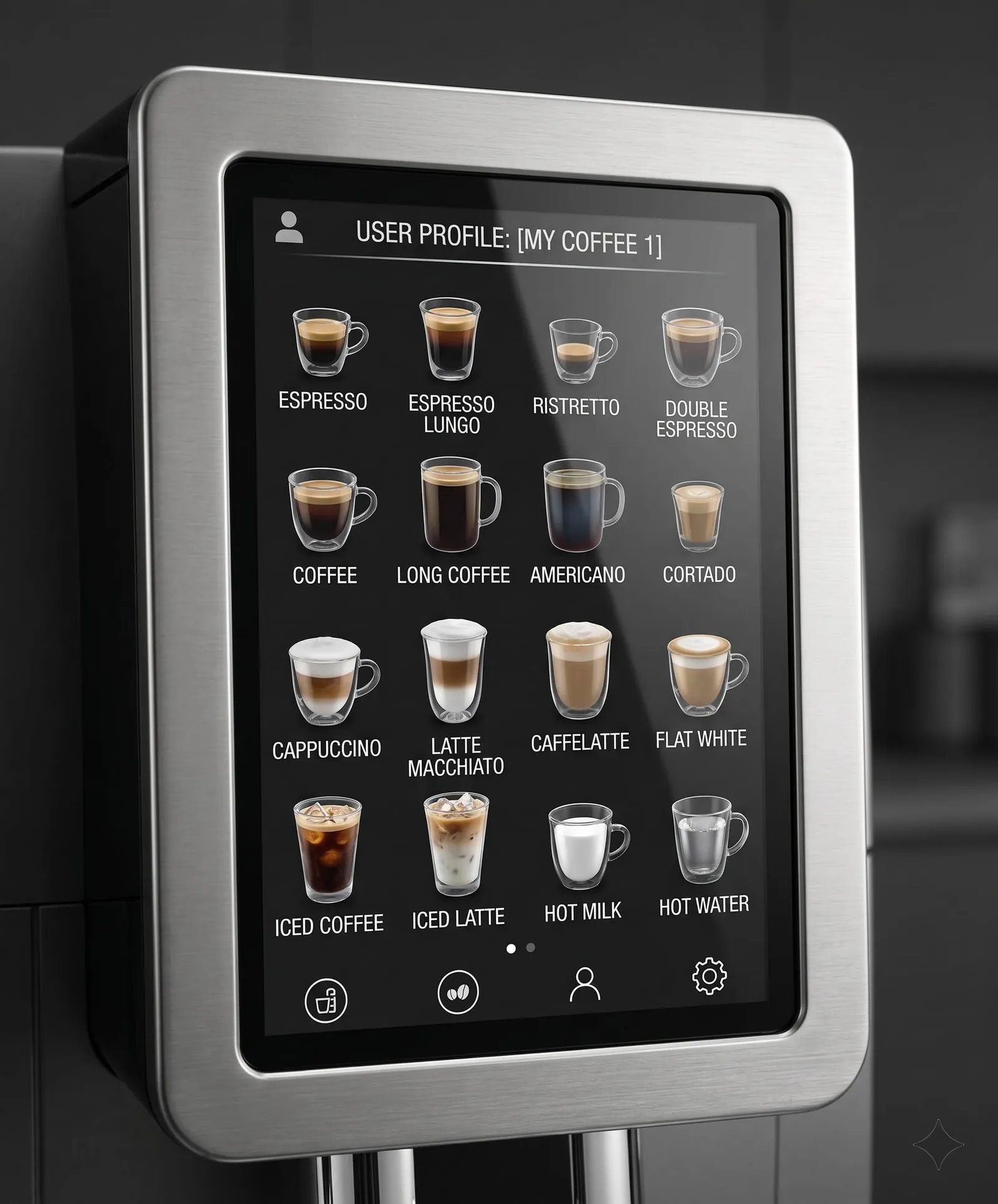 De'Longhi Dinamica Plus color display showing its menu of one-touch drink options