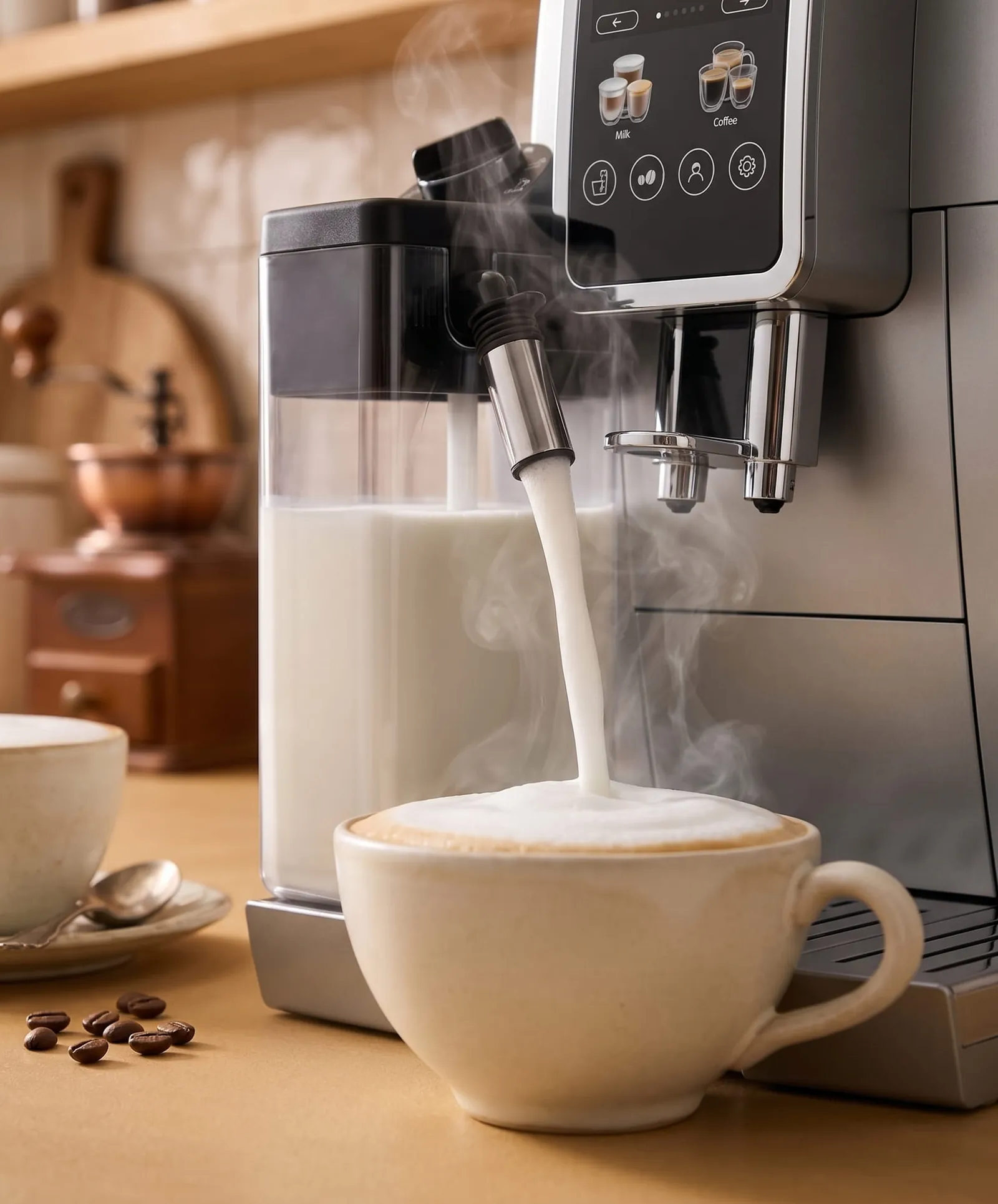 De'Longhi Dinamica Plus LatteCrema system frothing milk automatically for a cappuccino