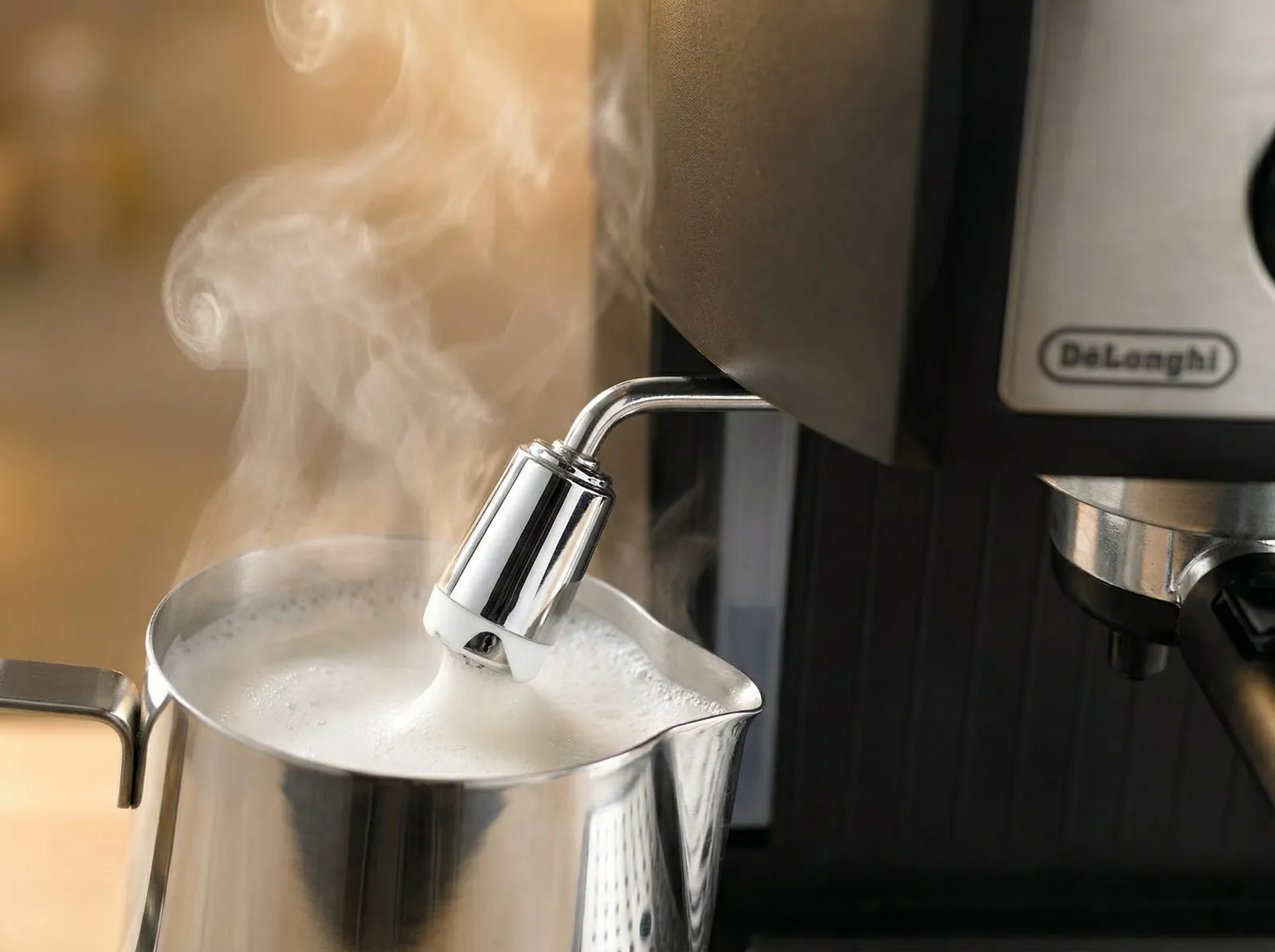 De'Longhi EC155 cappuccinatore steam wand frothing milk in a small pitcher