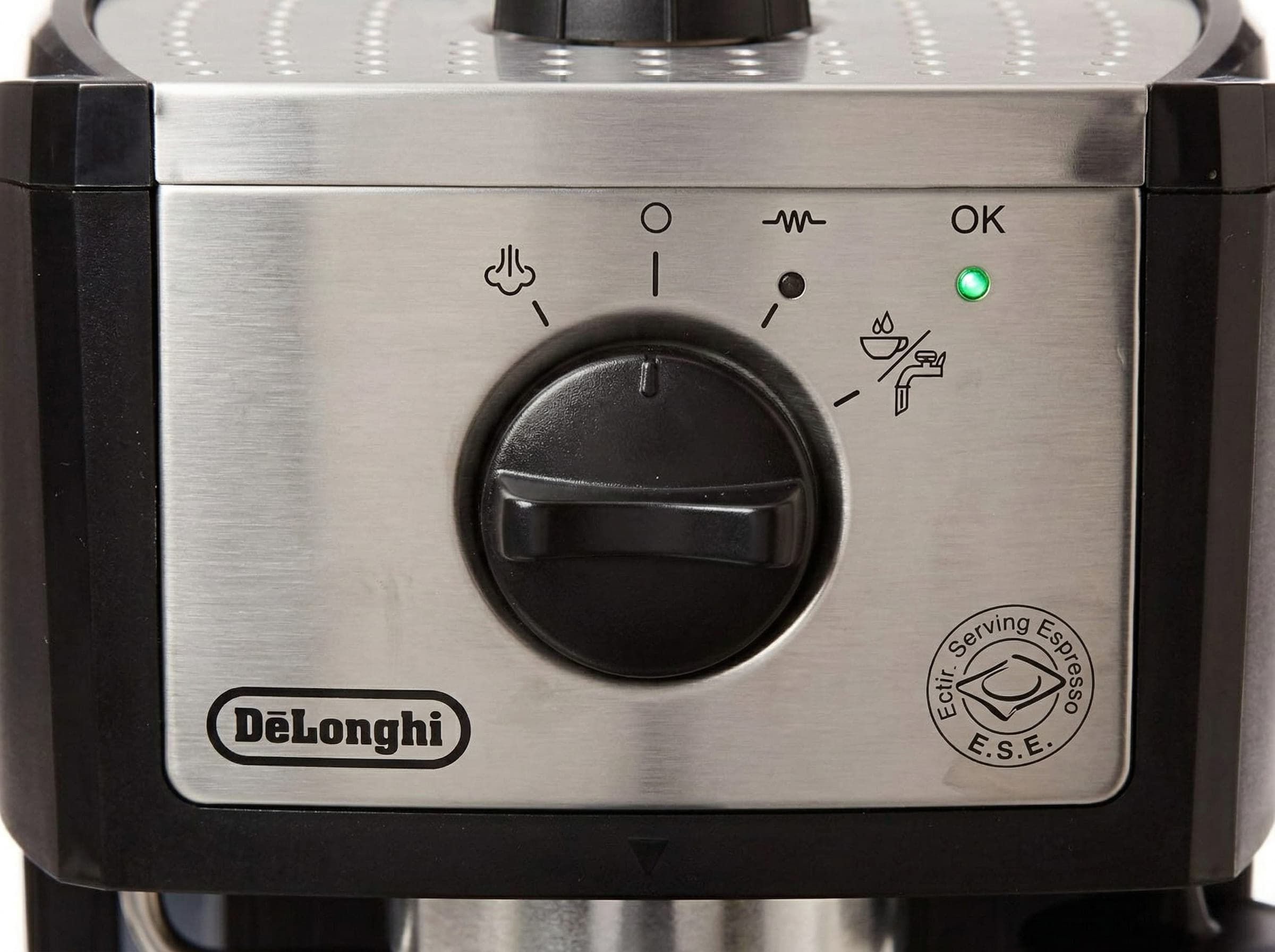 De'Longhi EC155 dial controls for espresso and steam, close-up on the front panel