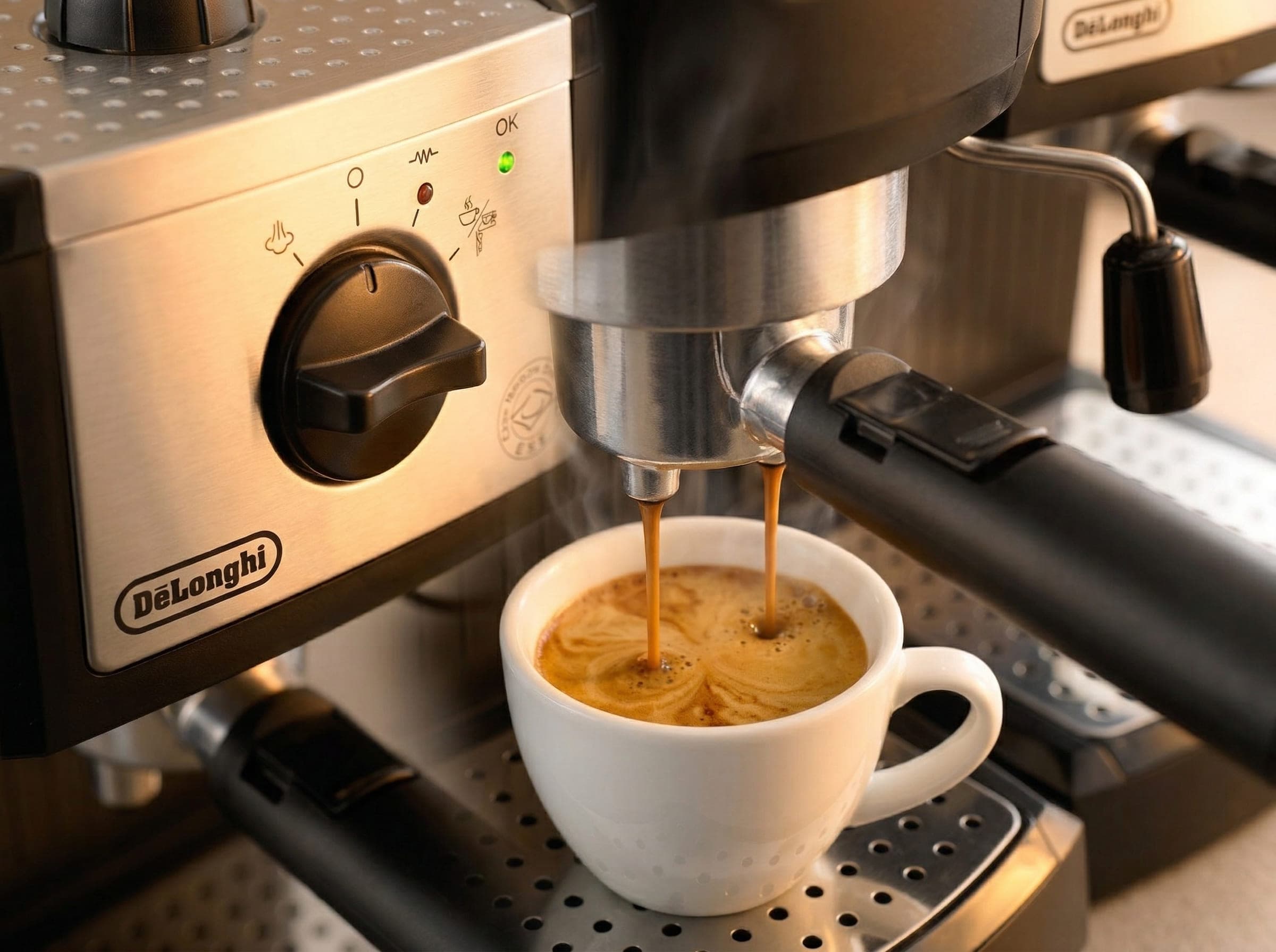 De'Longhi EC155 extracting a shot of espresso with crema into a cup