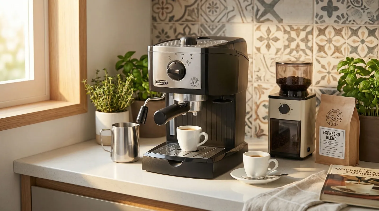 De'Longhi EC155 compact espresso machine set up on an apartment kitchen counter