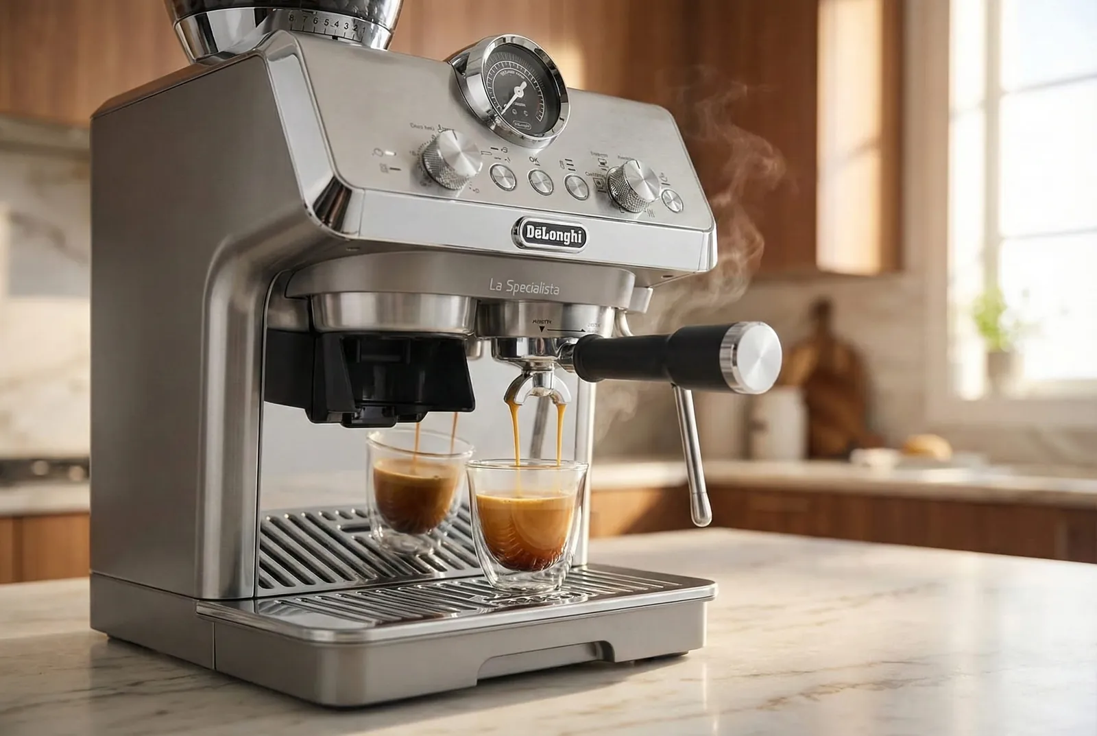 De'Longhi La Specialista Arte pulling an espresso shot from a 51mm portafilter with rich crema