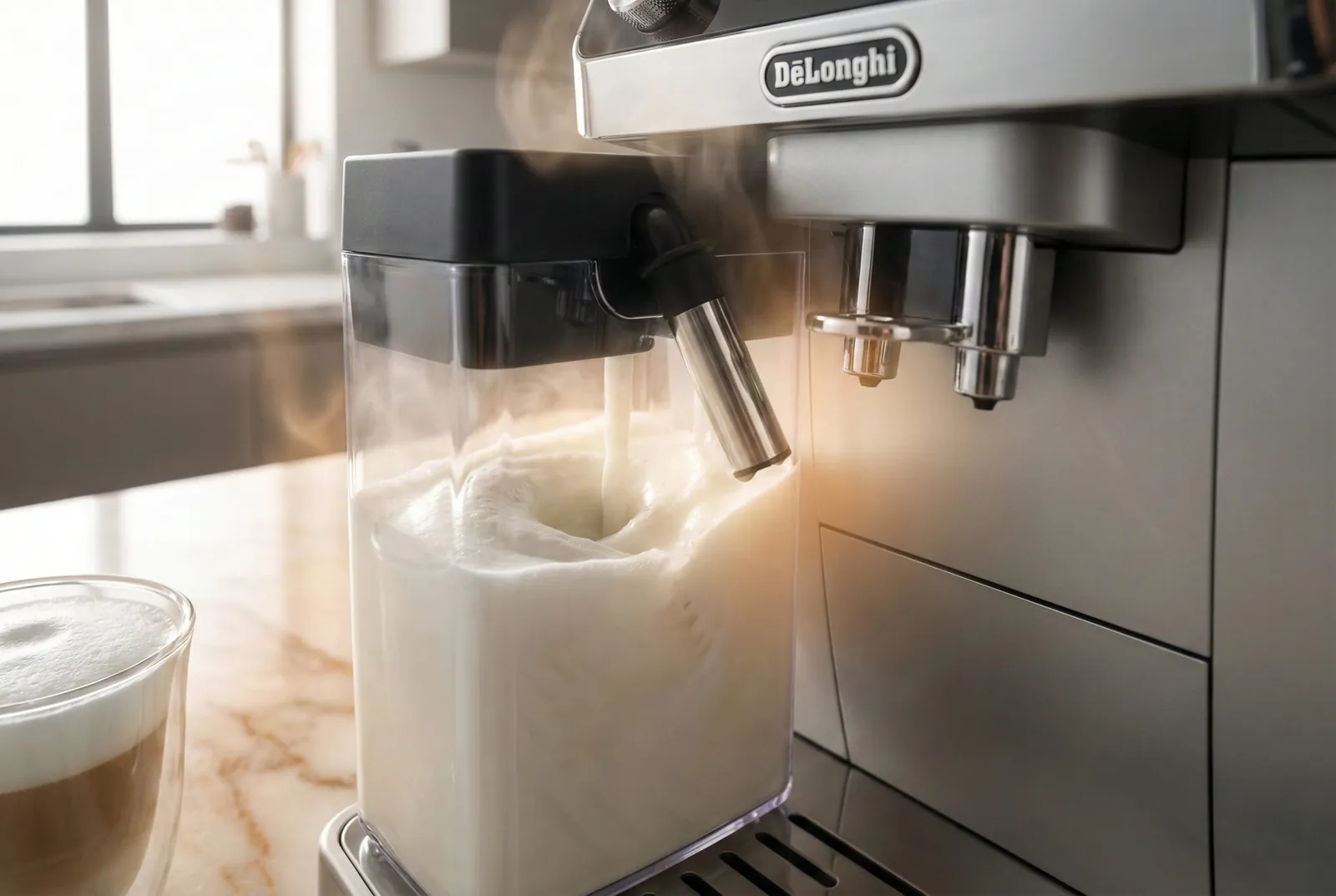 De'Longhi La Specialista Arte steam wand texturing milk for latte art in a pitcher