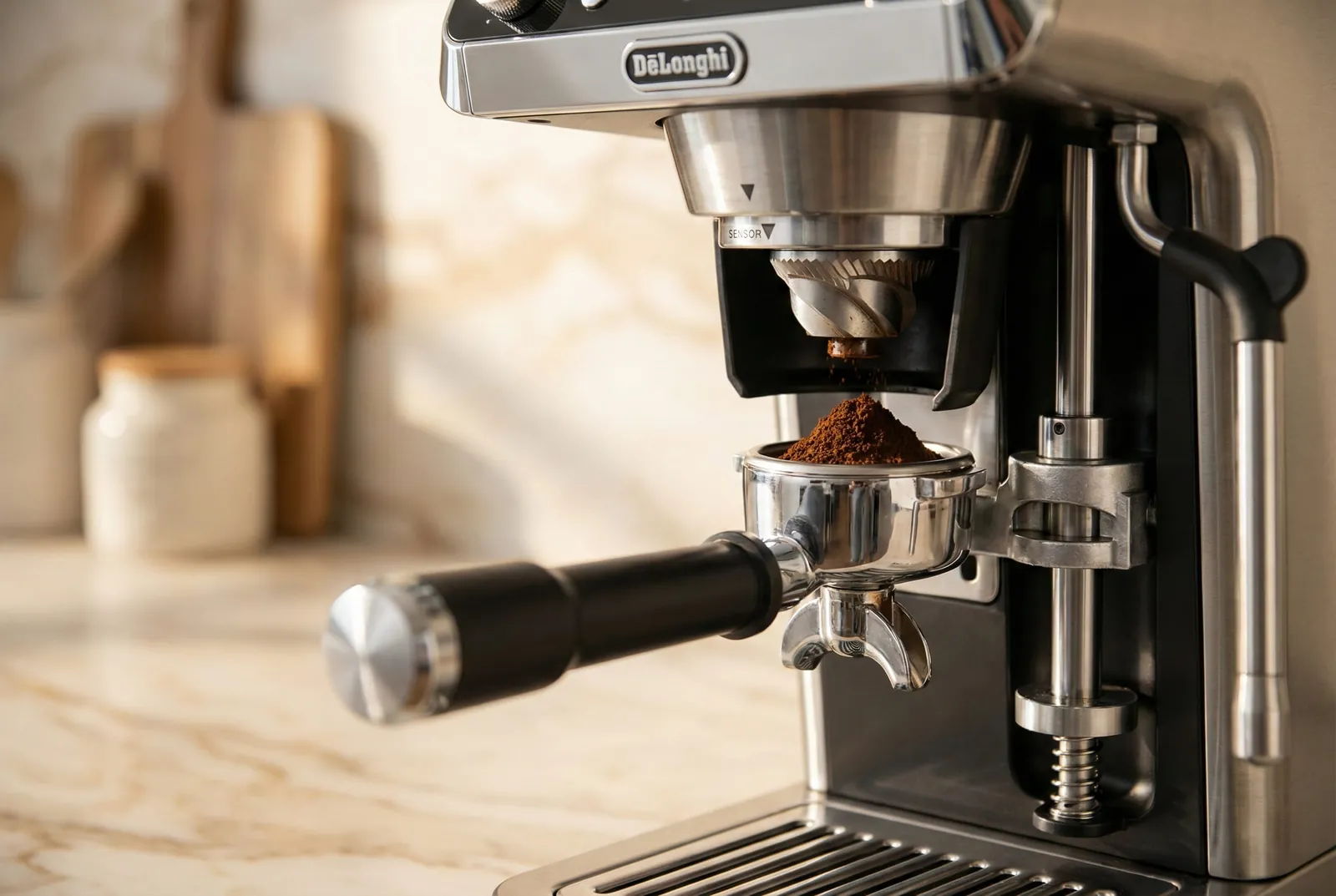 De'Longhi La Specialista Arte Smart Tamping Station pressing freshly ground coffee in the portafilter