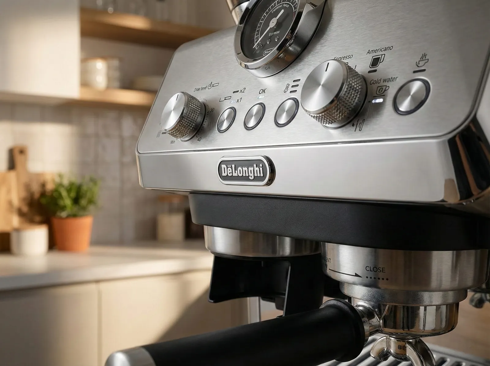 De'Longhi La Specialista Arte stainless steel body and group head shown in close detail