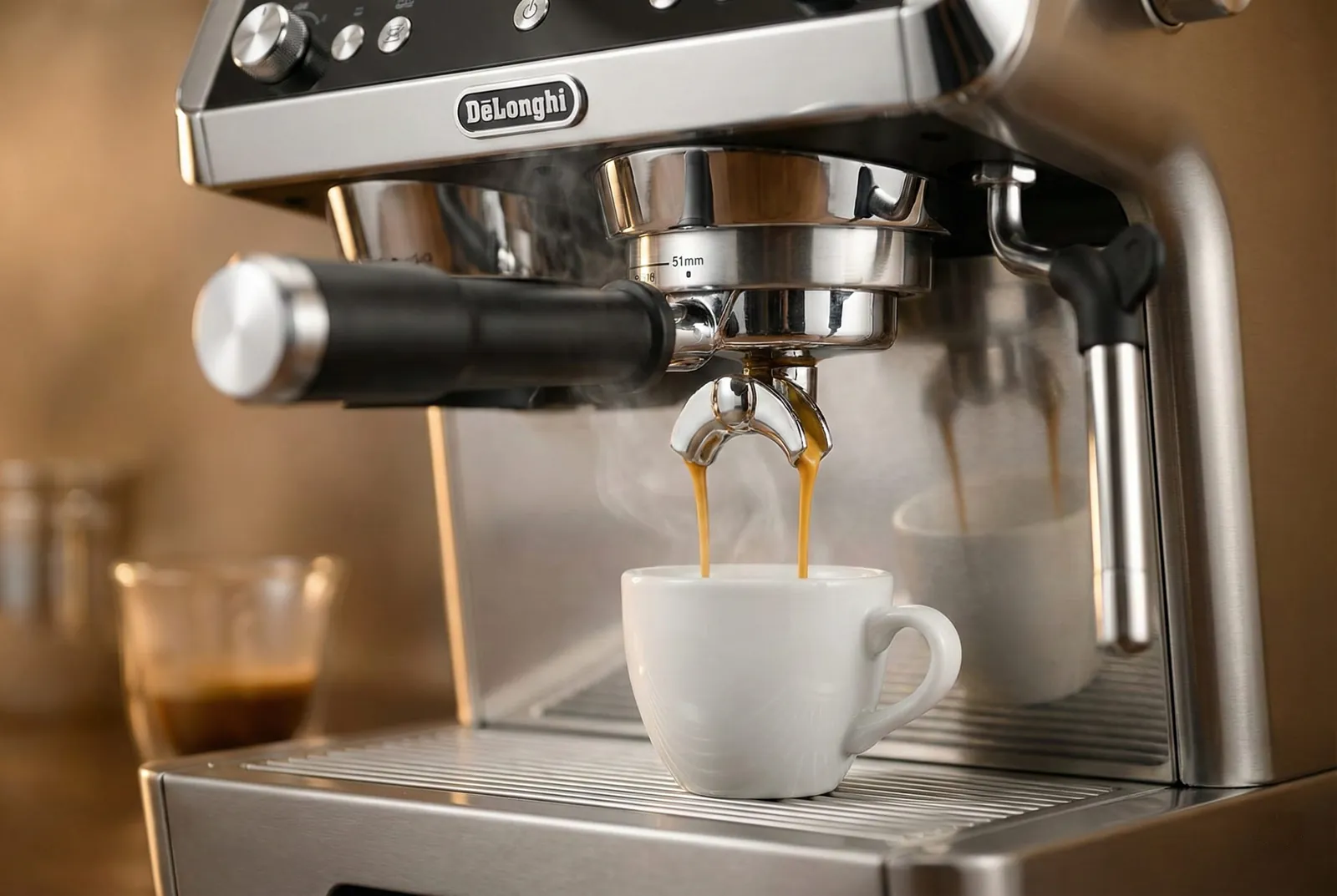 DeLonghi La Specialista Prestigio pulling an espresso shot with a layer of crema in the cup