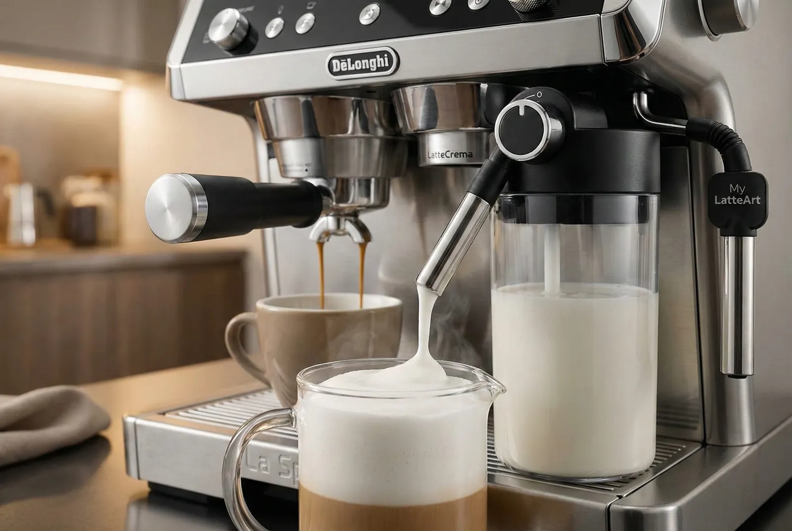 DeLonghi La Specialista Prestigio LatteCrema Hot system frothing milk into a cafe style latte
