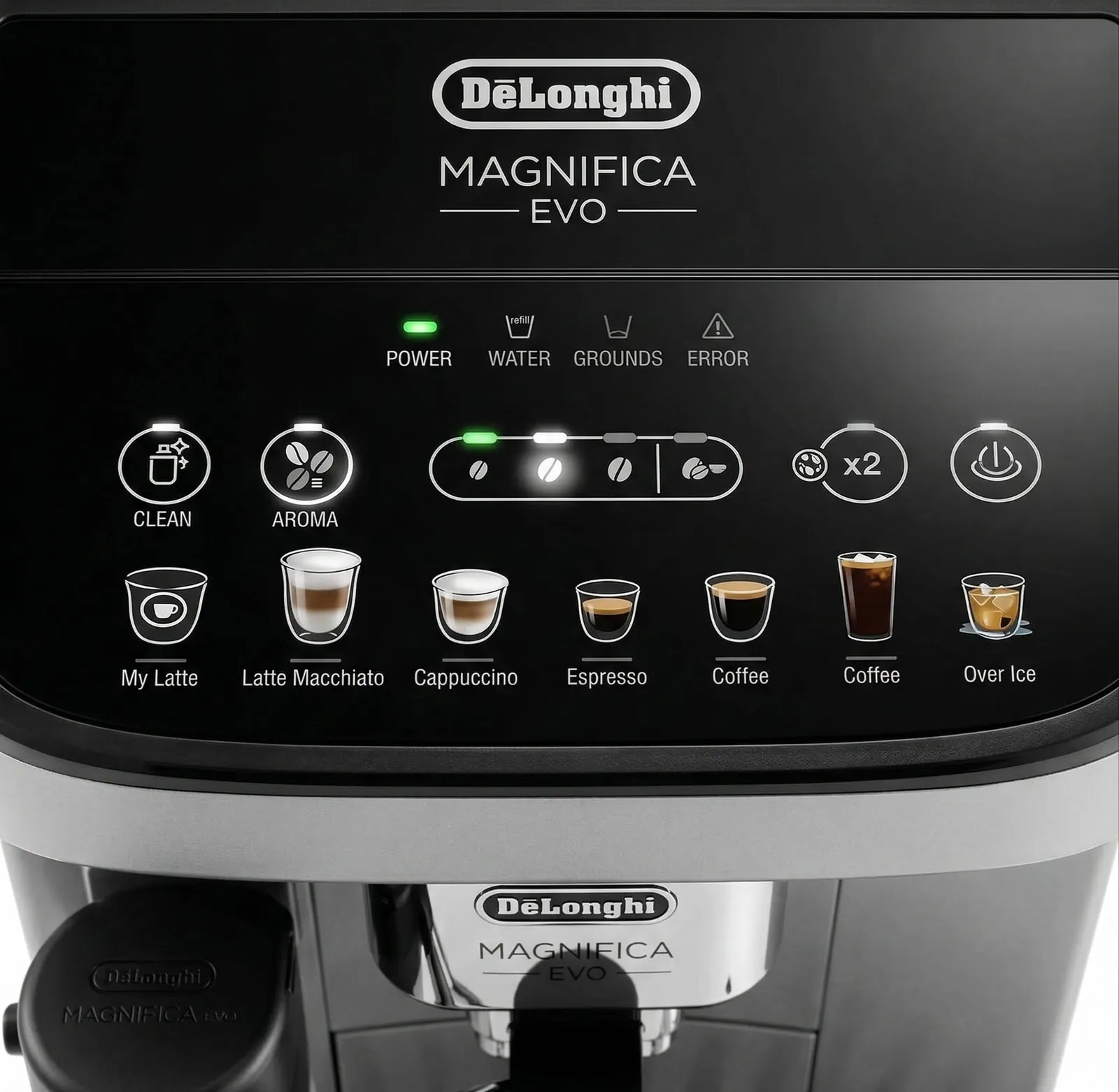 De'Longhi Magnifica Evo front control panel with the strength, aroma and cup size buttons