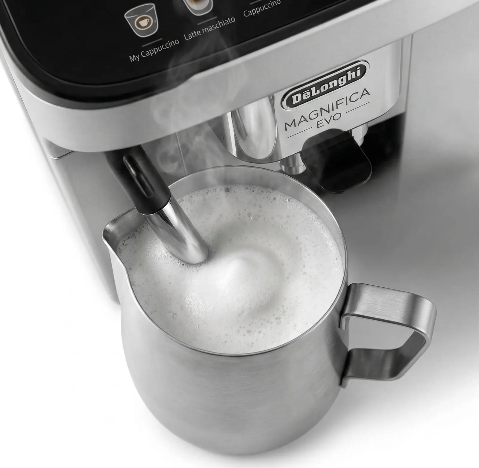De'Longhi Magnifica Evo manual steam wand frothing a jug of milk for a cappuccino