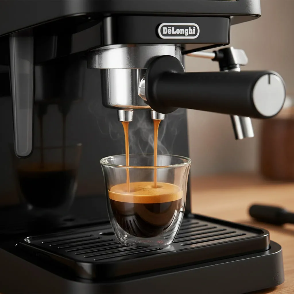 DeLonghi Stilosa EC260 pulling an espresso shot into a cup with a layer of crema
