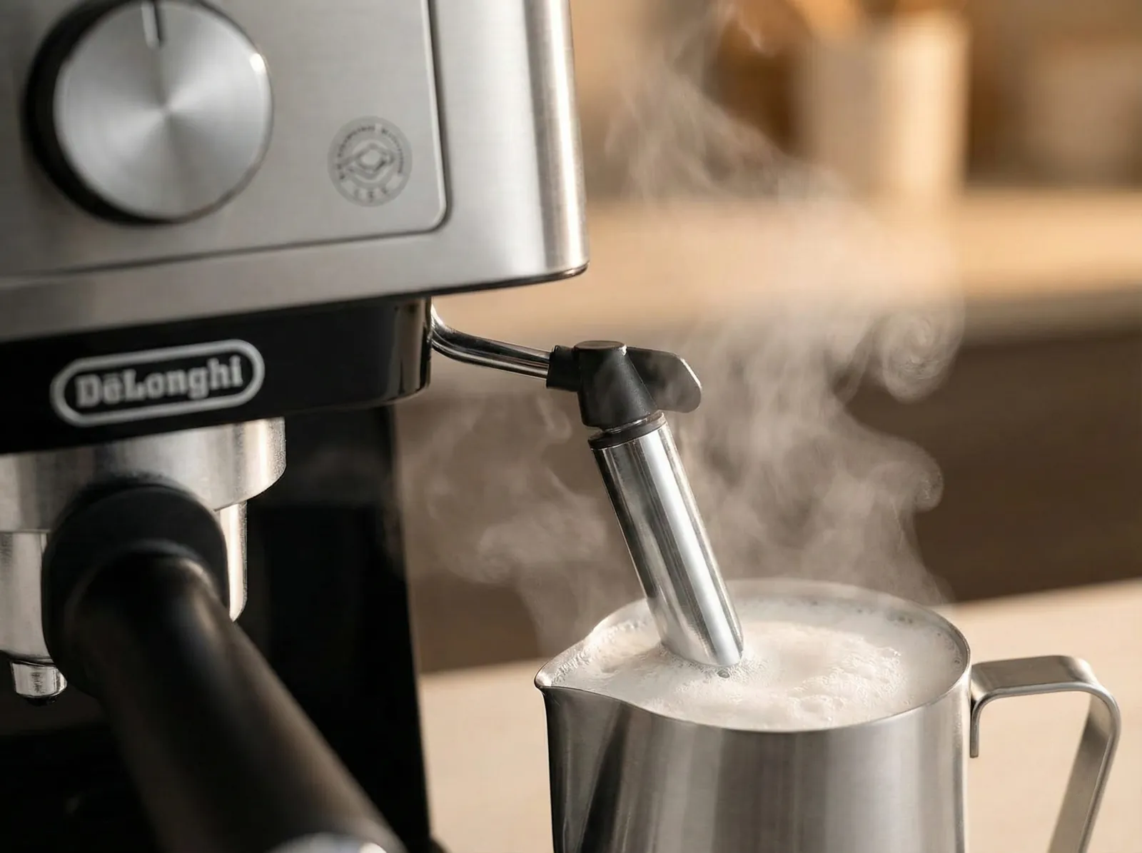 DeLonghi Stilosa EC260 manual steam wand frothing milk in a small pitcher