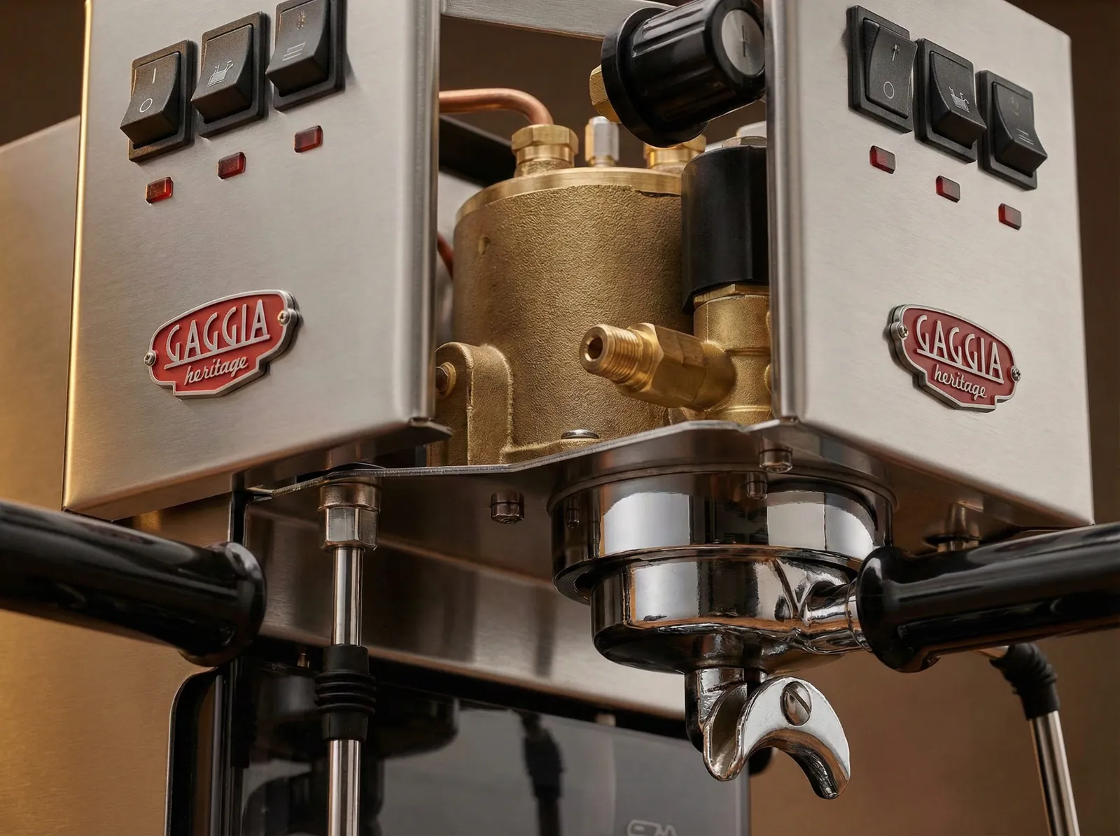 Gaggia Classic Pro internal view of the aluminum boiler and solenoid valve