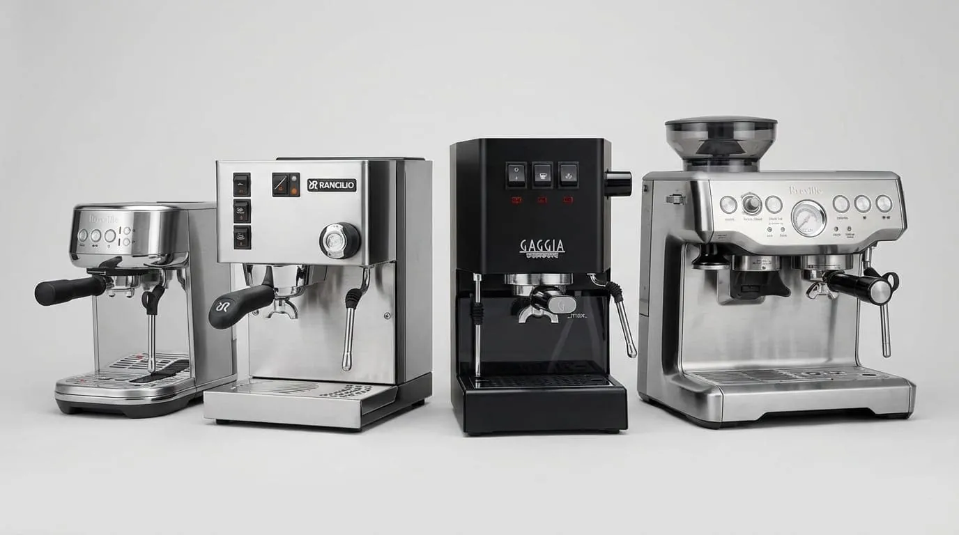 Gaggia Classic Pro placed beside the Rancilio Silvia and Breville Bambino Plus for a size comparison