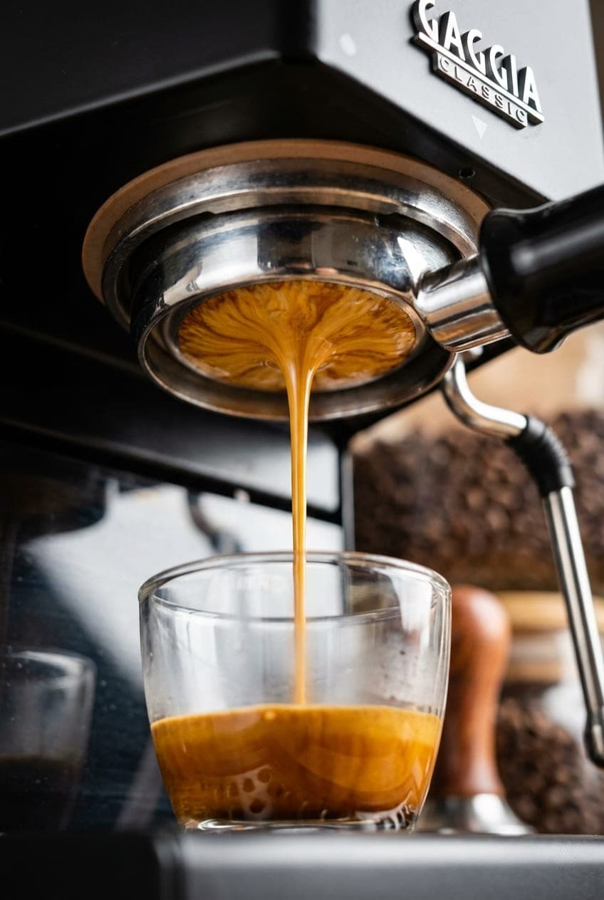 Espresso pouring from a Gaggia portafilter into a small glass with a thick crema layer
