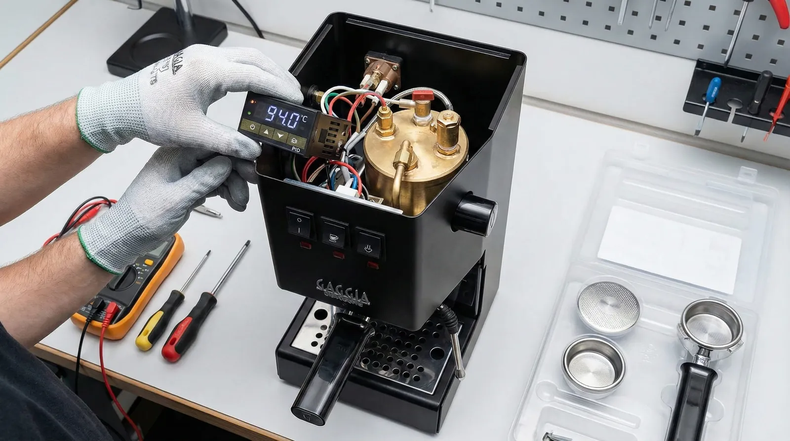 Gaggia Classic Pro opened up to show a PID controller and pressure gauge modification