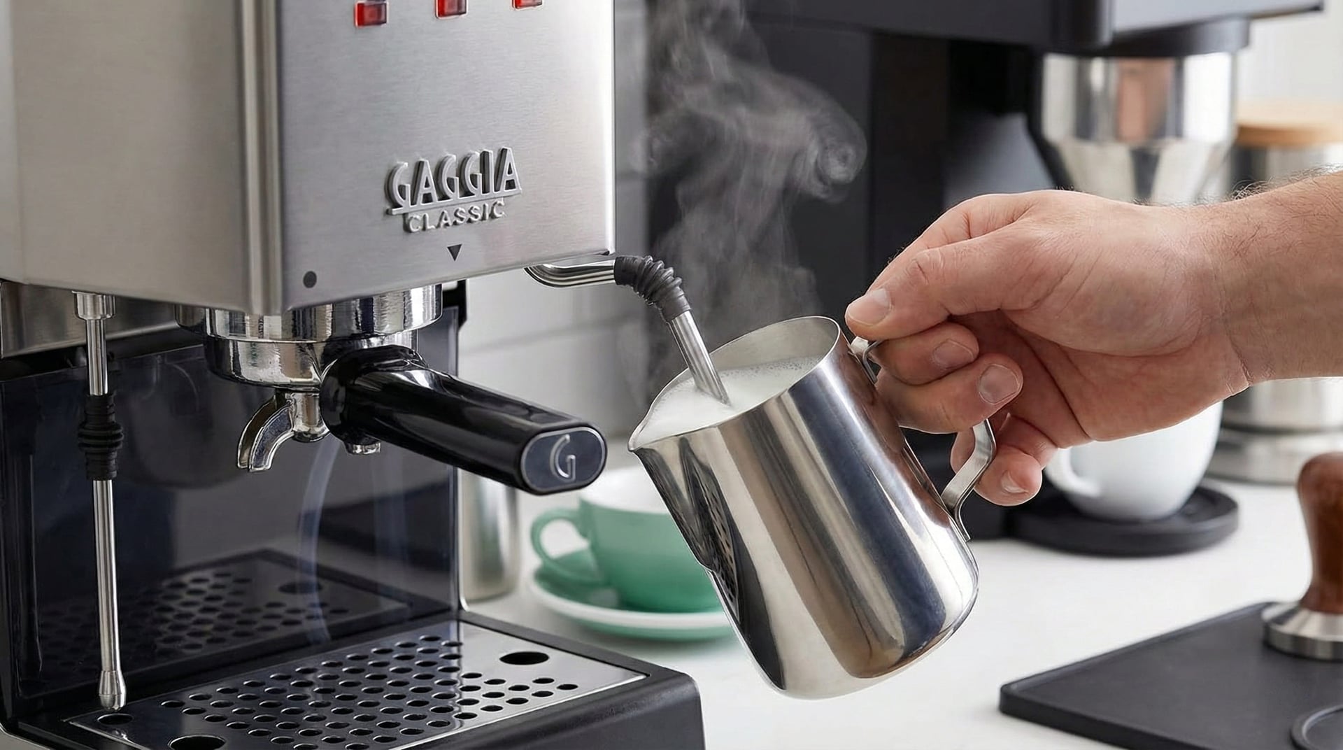 Gaggia Classic Pro steam wand creating silky microfoam for latte art with commercial steam pressure
