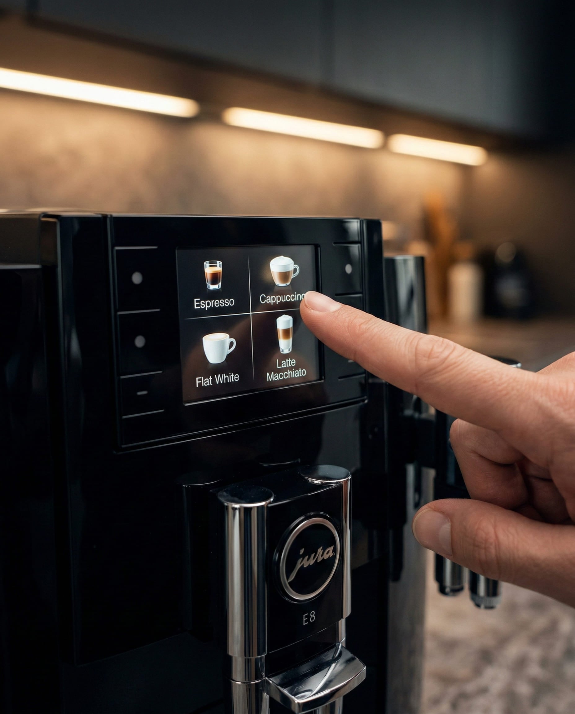 Jura E8 TFT color display showing 15 specialty drink options including espresso, cappuccino, latte macchiato, and flat white