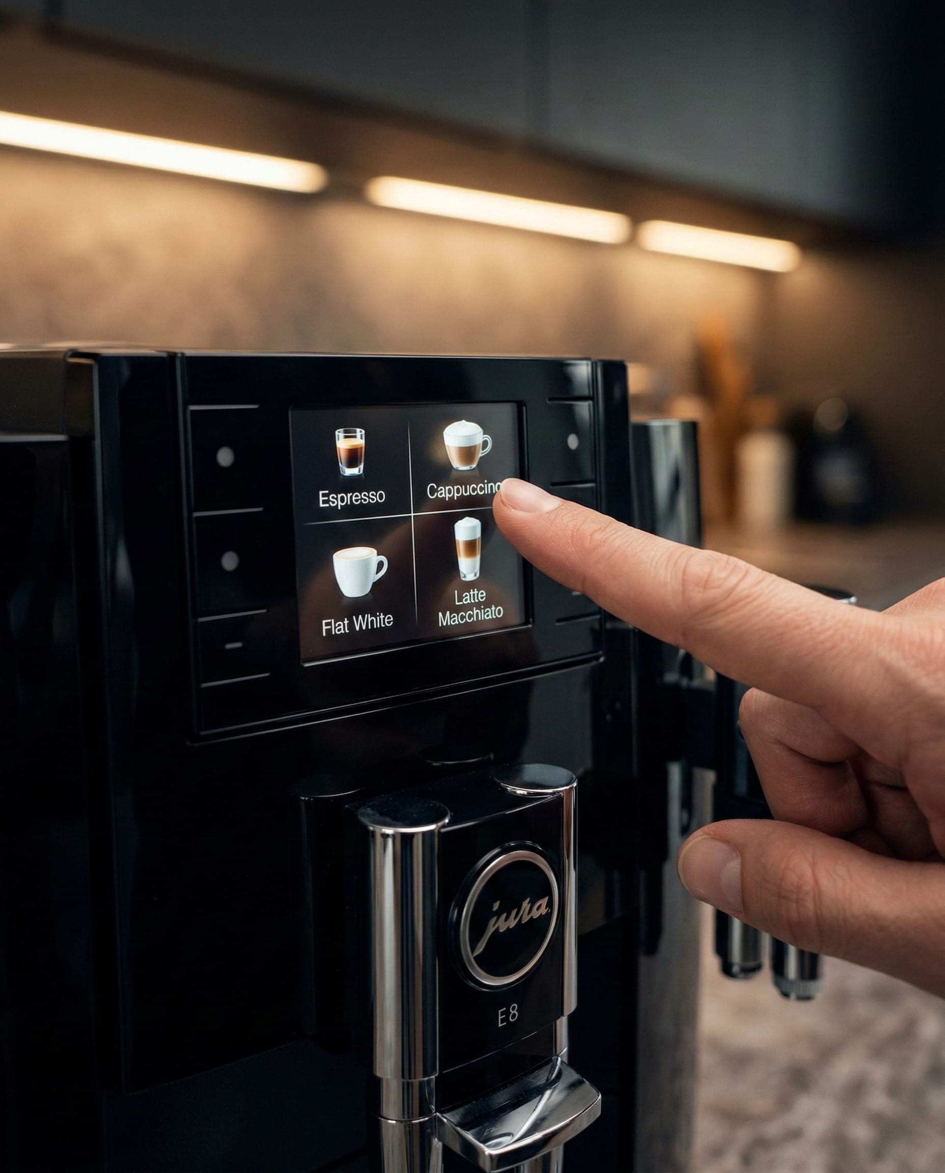 Jura E8 TFT color display showing the menu of specialty drink choices